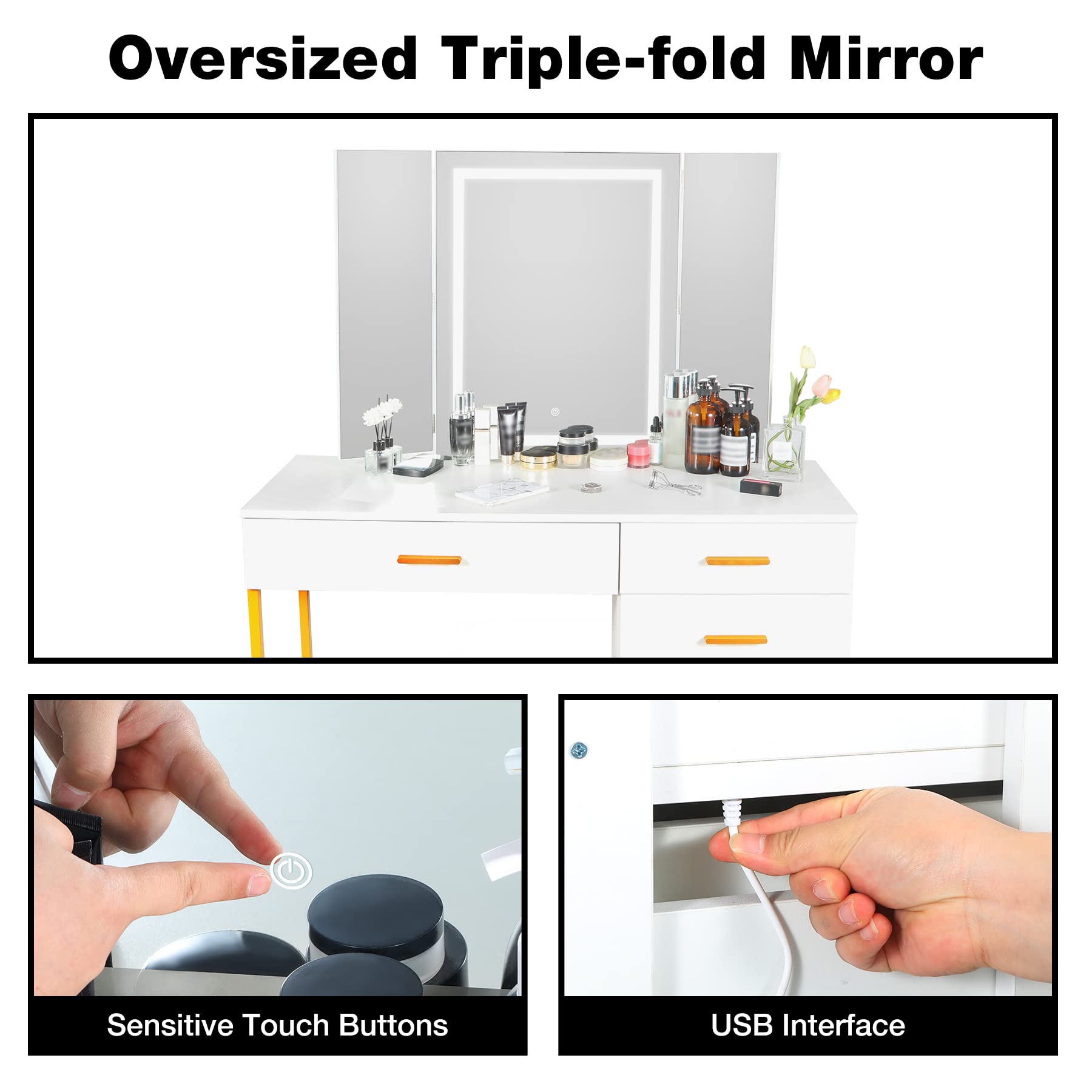 Vanity Desk with Mirror and Lights - Makeup Vanity Set with Cushioned Stool, Storage Shelves & 5 Drawers for Bedroom (White) | Perfect for Dressing Room, Beauty Salon & Home Decor