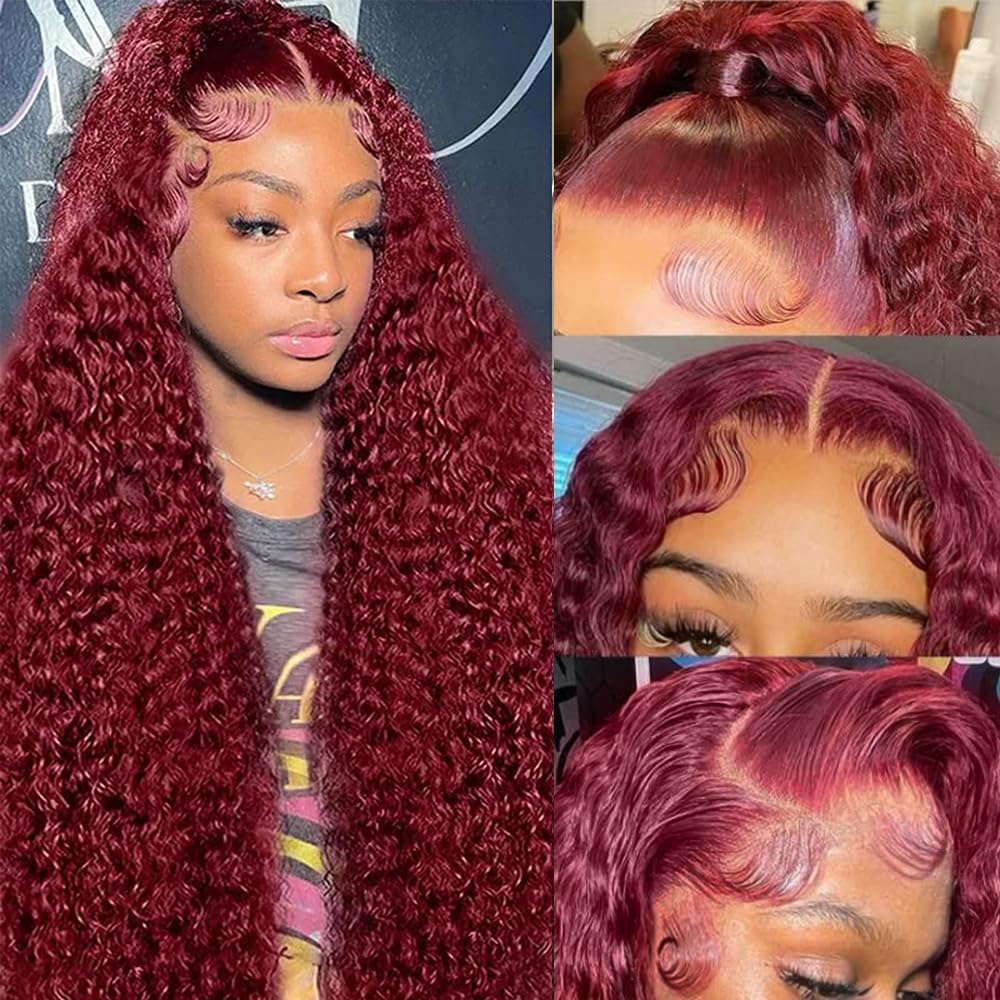 99J Burgundy Deep Wave 13x6 Lace Front Wig - 200% Density Human Hair Pre-Plucked HD Lace Frontal Wig for Women (22 Inch) | Natural Looking Curly Wave for Daily Wear, Parties & Special Occasions