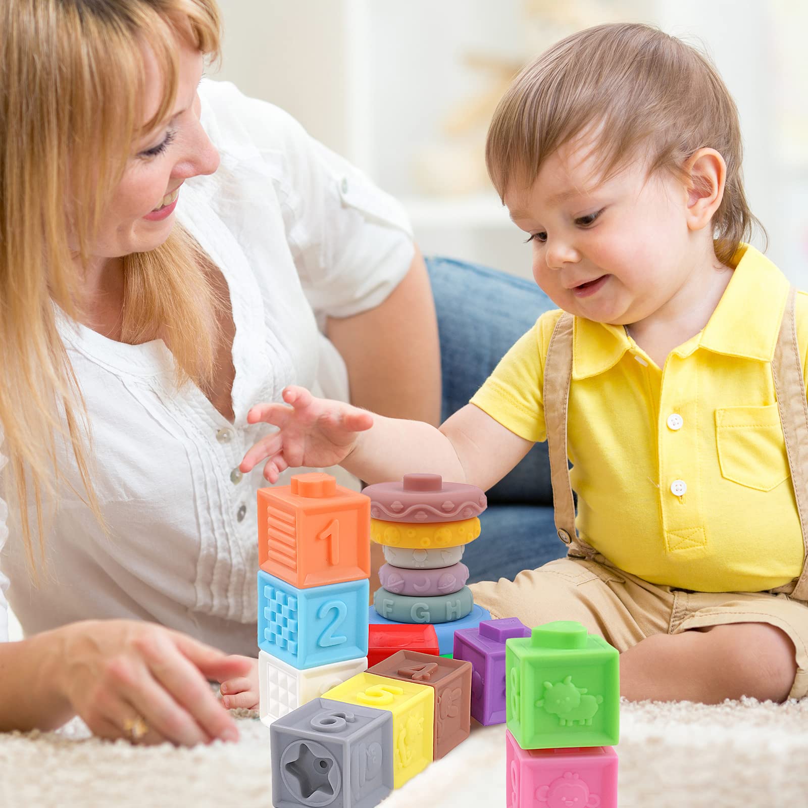 **ADFO 5-in-1 Montessori Baby Toys for 6-18 Months – 43PCS Educational Sensory Toys for 1, 2, 3 Year Olds – Soft Stacking Blocks, Shape Sorter & Teething Bath Toys – Perfect for Playtime, Learning & Travel**