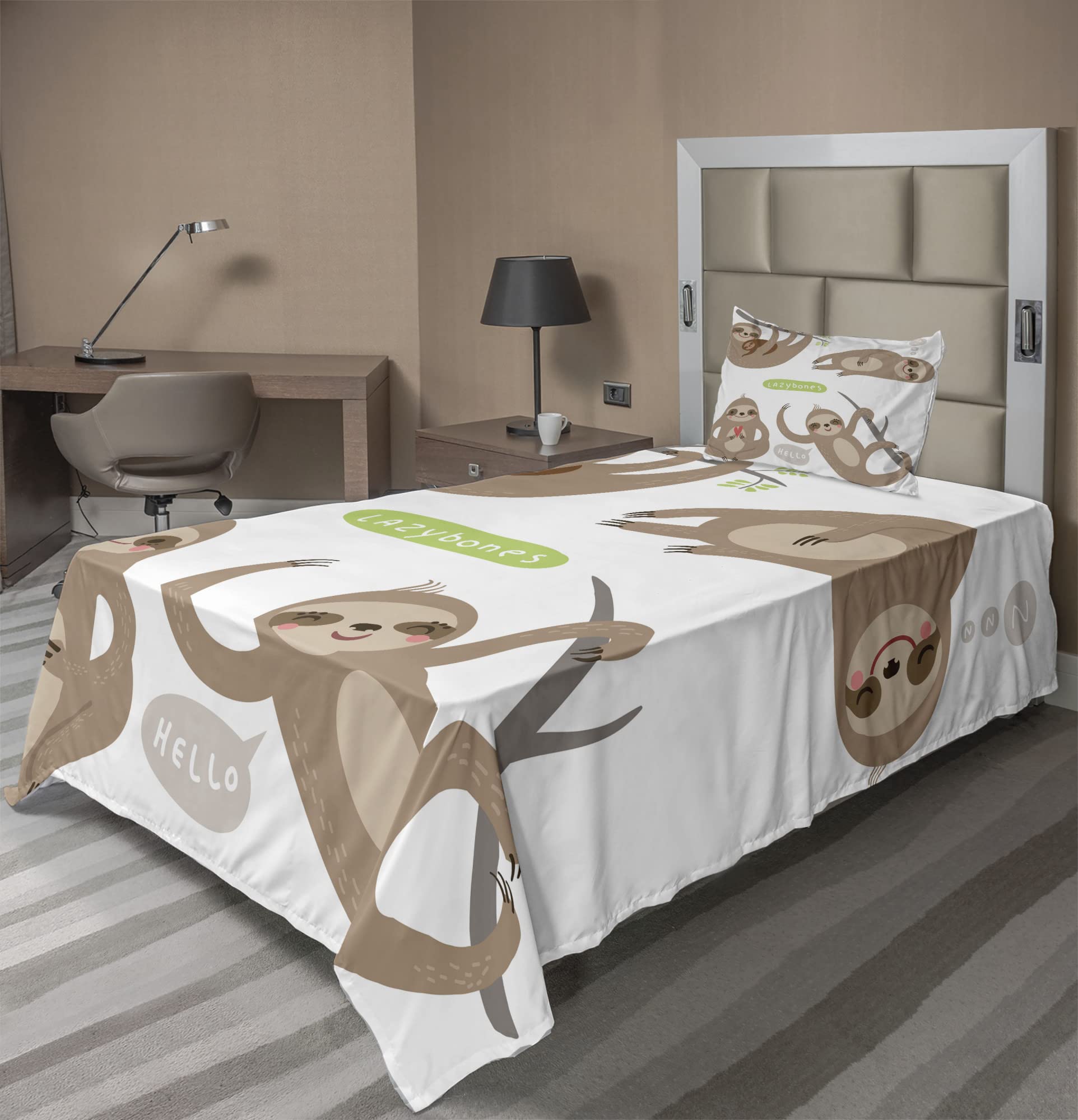 Ambesonne Sloth Sheet Set - 3 Piece Bedding Set with Funny Lazy Sloths Hugging Family Design, Fitted & Flat Sheet + Pillowcase, Twin Size, Pale Brown Grey Green - Perfect for Kids Rooms, Dorm Decor & Cozy Family Bedrooms