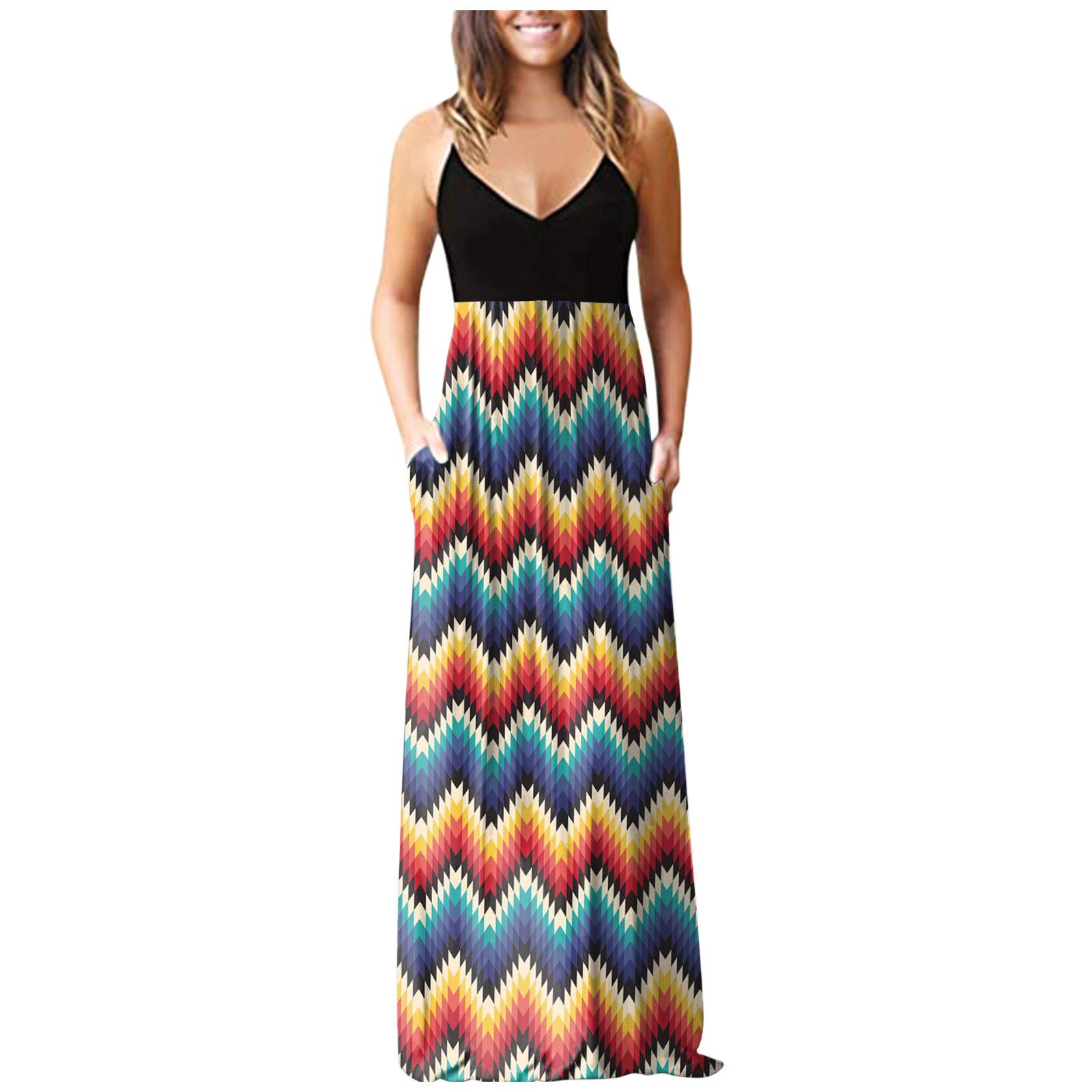 Kaideny Women's Summer Maxi Dress - V Neck Sleeveless Floral Print Beach Dress with Pockets | Perfect for Vacations, Weddings & Casual Outings