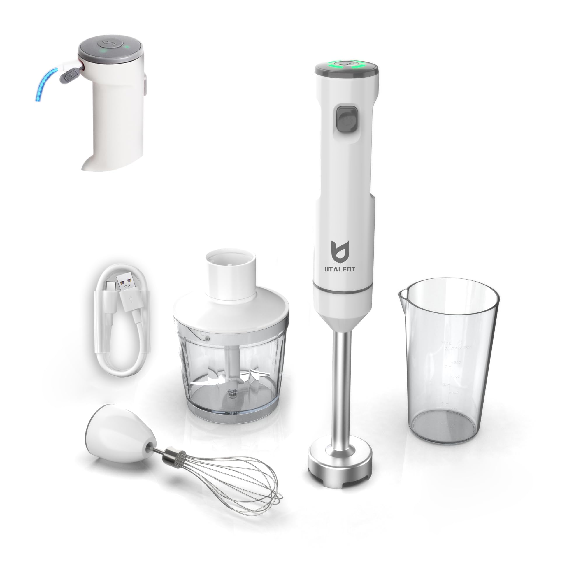 UTALENT Rechargeable Cordless Hand Blender with 500ml Chopper & 600ml Container - Variable Speed Immersion Blender with Egg Whisk for Smoothies, Baby Food, Soups - Perfect for Kitchen, Camping & Small Spaces (White)