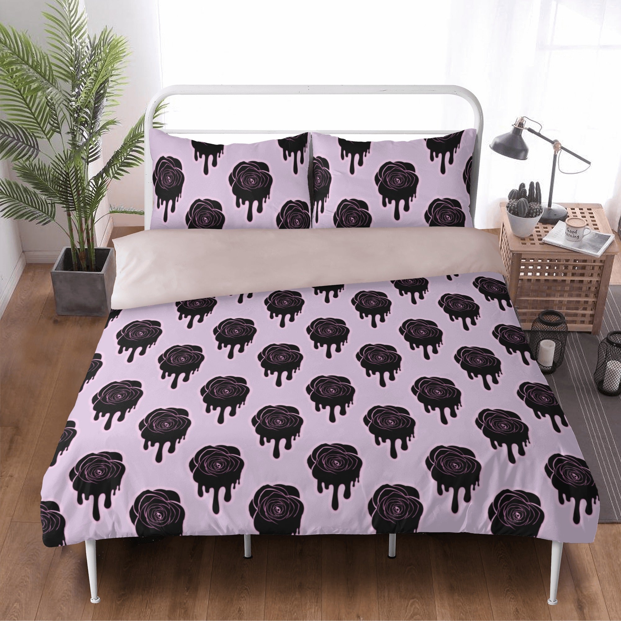3-Piece Black Rose Printed Bedding Set - Soft & Stylish Duvet Cover, Pillowcases - Perfect for Gothic, Romantic, or Luxury Bedroom Decor
