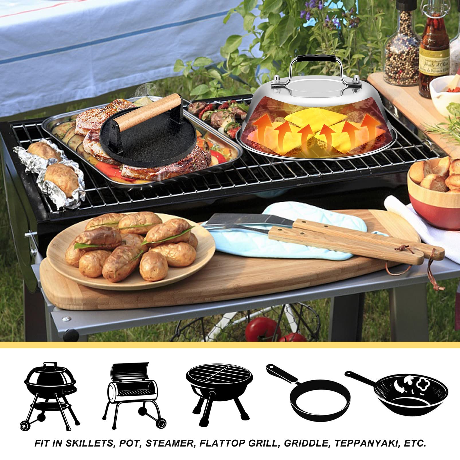 Joyfair 9-Inch Cheese Melting Dome & Burger Press Kit - Cast Iron Grill Press for BBQ, Flat Top Griddle, Teppanyaki - Heavy Duty & Dishwasher Safe - Perfect for Outdoor Cooking, Backyard Grilling & Restaurant Use