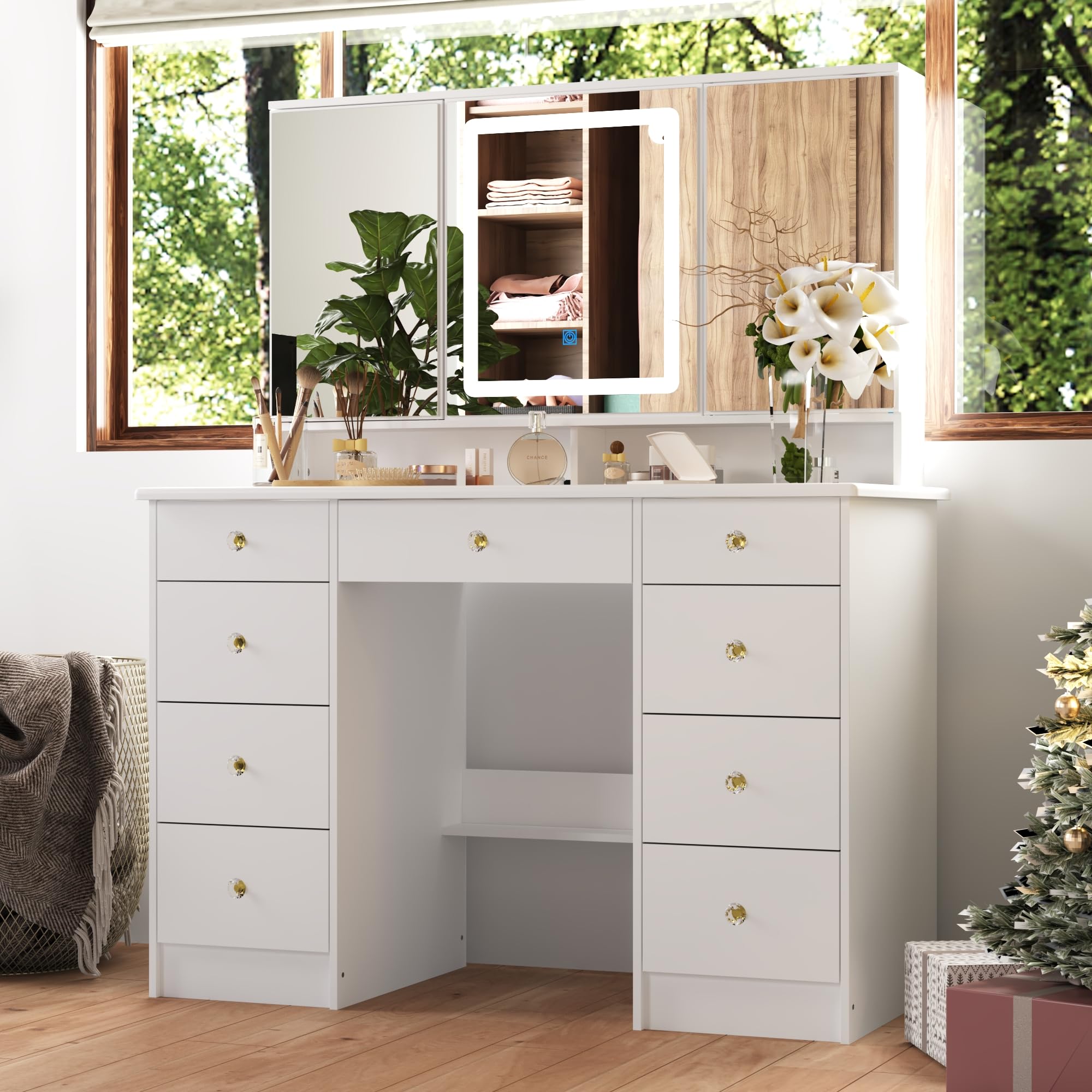 Homsee Modern Vanity Desk with 3 Mirrors & LED Lights - Adjustable Brightness, Glass Top, Hidden Storage & Drawers - White Makeup Dressing Table for Bedroom, Salon, or Beauty Studio