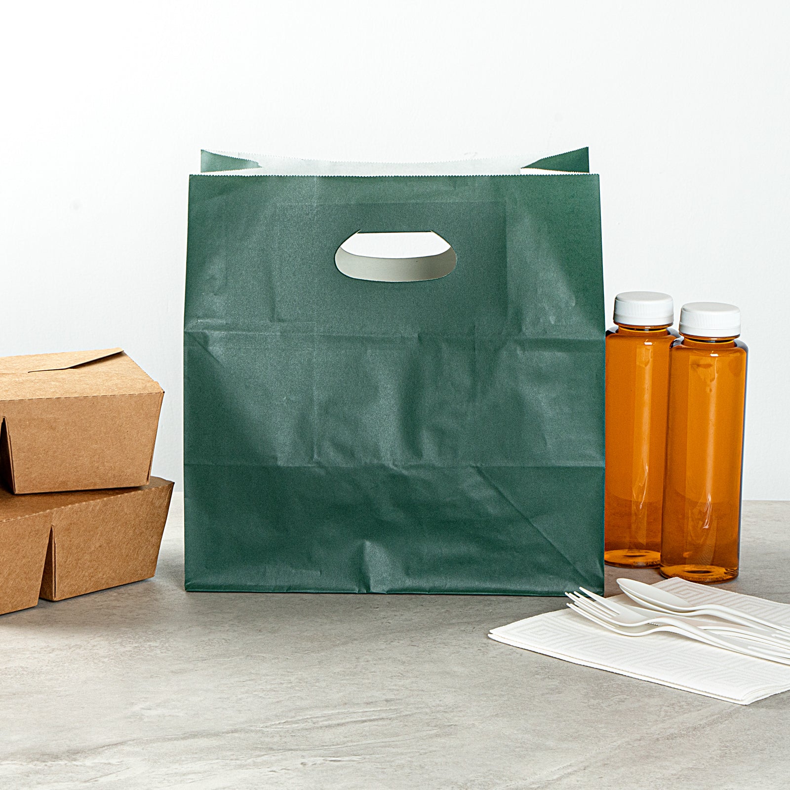Eco-Friendly Rectangle Forest Green Paper Take Out Bags with Handles - 11