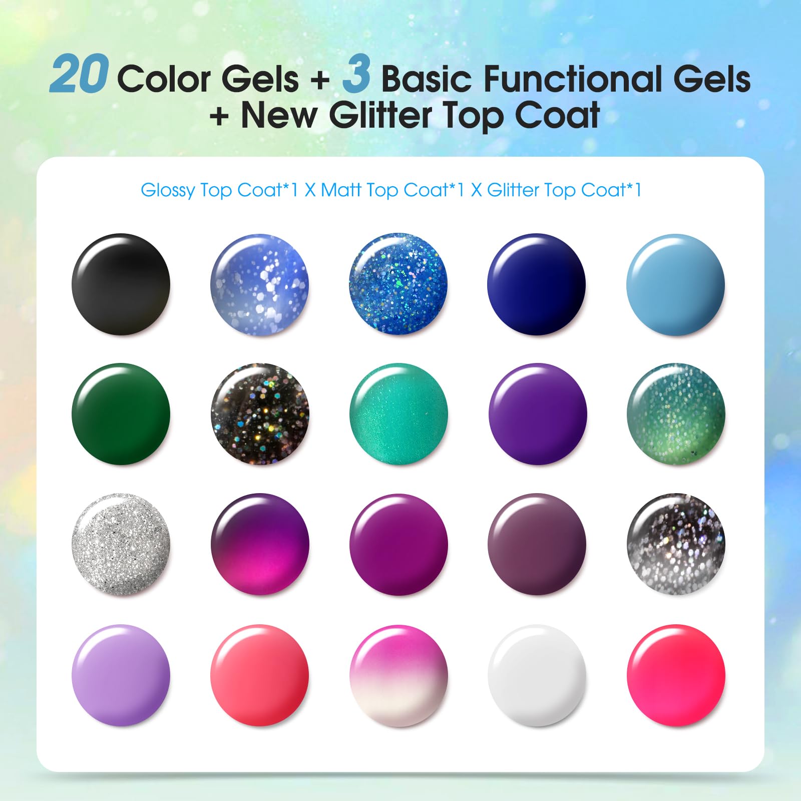 24PCS ROSALIND Semi-Permanent UV Gel Nail Polish Set - 20 Chameleon Colors, Base & Top Coat, Matte & Glitter Top Coat - Black, Blue, Green, Purple Temperature Changing Nail Polish for Home & Salon Manicures