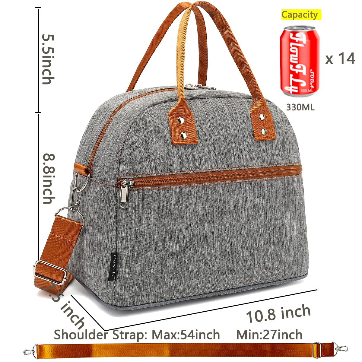 FlowFly Insulated Lunch Bag with Shoulder Strap - Large Reusable Freezable Cooler Tote for Women, Men & Kids - Perfect for Work, School, Travel & Meal Prep - Grey Lunch Box Organizer