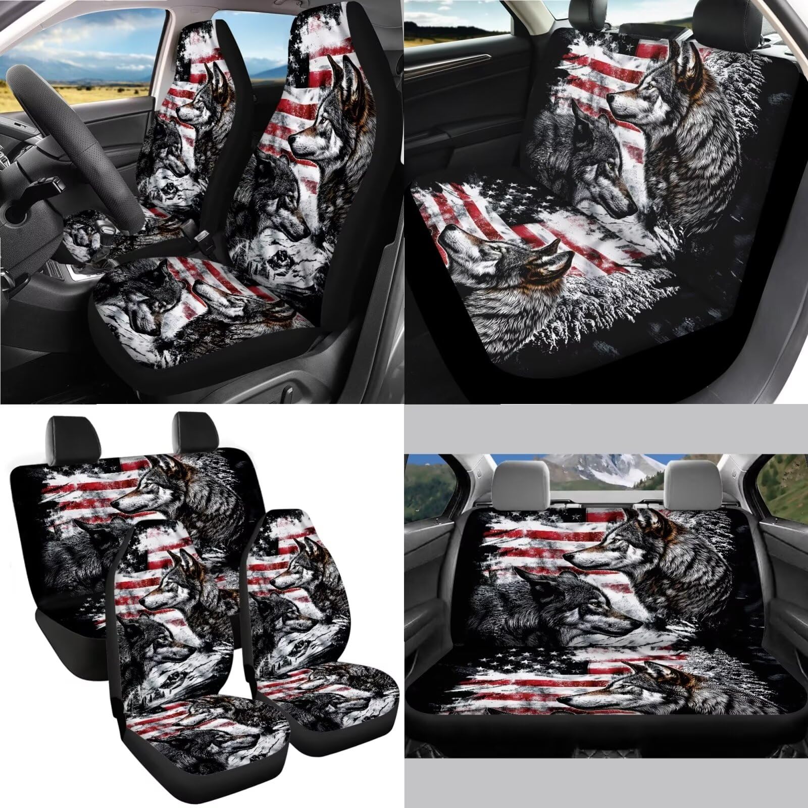 Wolf American Flag 13-Piece Car Accessories Set - Front & Back Seat Covers, Steering Wheel Cover, Seat Belt Protectors & Car Coasters | Durable & Comfortable for SUV, Truck & Sedan | Perfect for Road Trips, Daily Commute & Car Protection