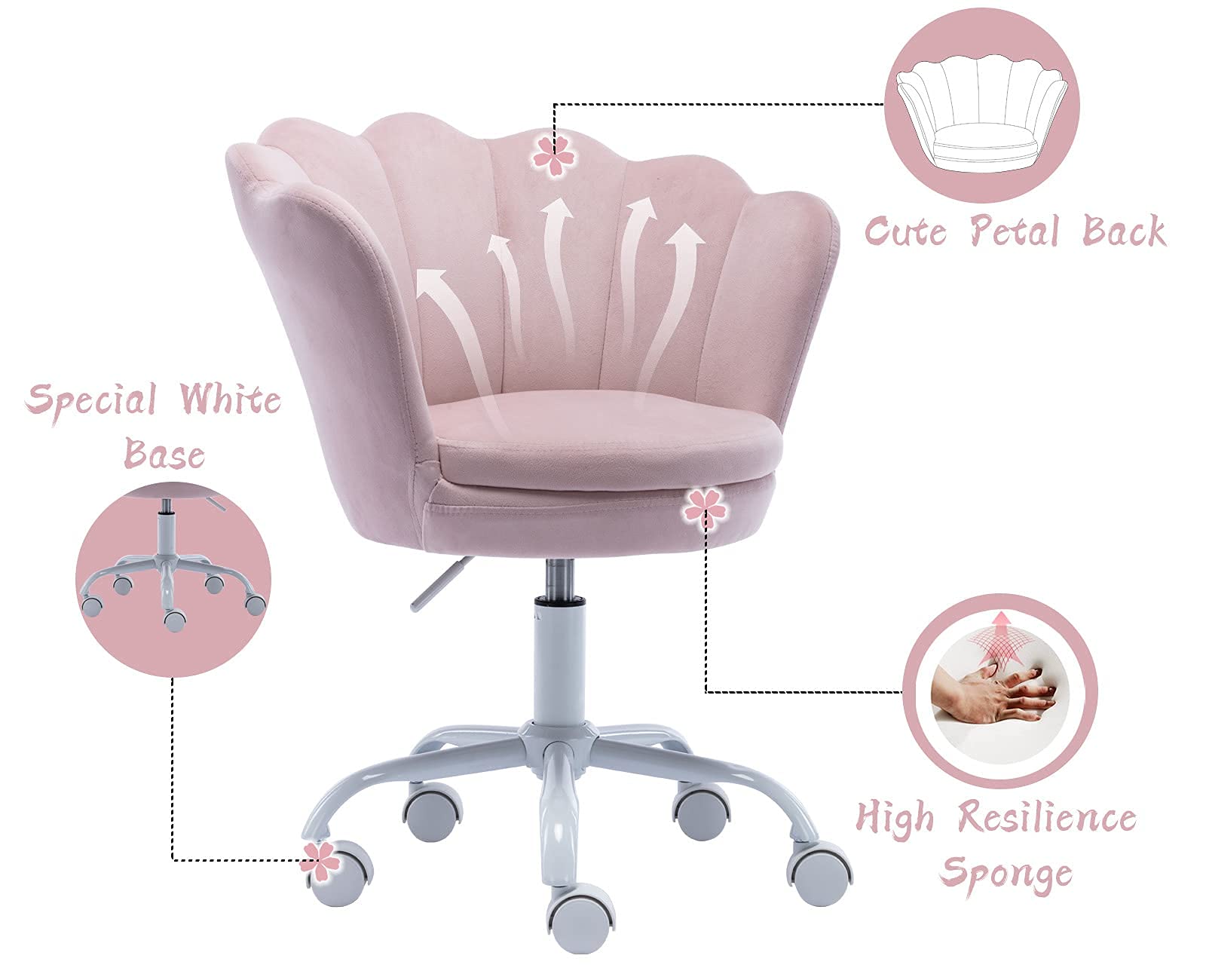 Velvet Swivel Accent Chair for Kids - Adjustable Study Desk Chair with Seashell Back, Pink Upholstered Vanity Chair for Teens' Bedroom, Living Room & Homework Station - Perfect for Computer Work, Reading & Study Sessions
