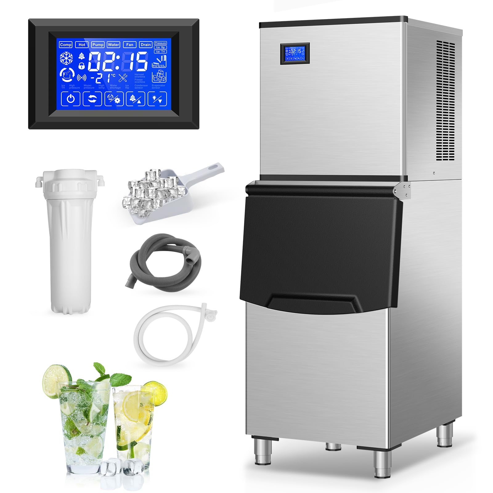 Commercial Ice Maker Machine 550Lbs/24H, Stainless Steel Industrial Ice Machine with 350Lbs Storage Bin - Makes 156 Clear Ice Cubes in 11 Minutes - Freestanding Ice Maker for Restaurants, Bars, Cafes, Hotels & Large Family Gatherings - Perfect for Cocktails, Beverages & Food Preservation