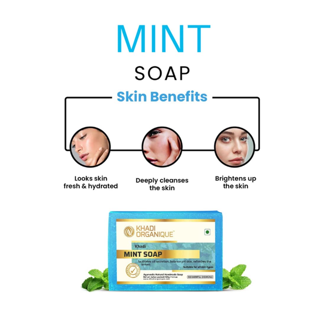 Khadi Organique Natural Herbal Pure Mint Soap - Pack of 6 Bars | Refreshing & Antibacterial Face & Body Cleanser for Sensitive Skin | Perfect for Daily Use, Travel & Spa Days