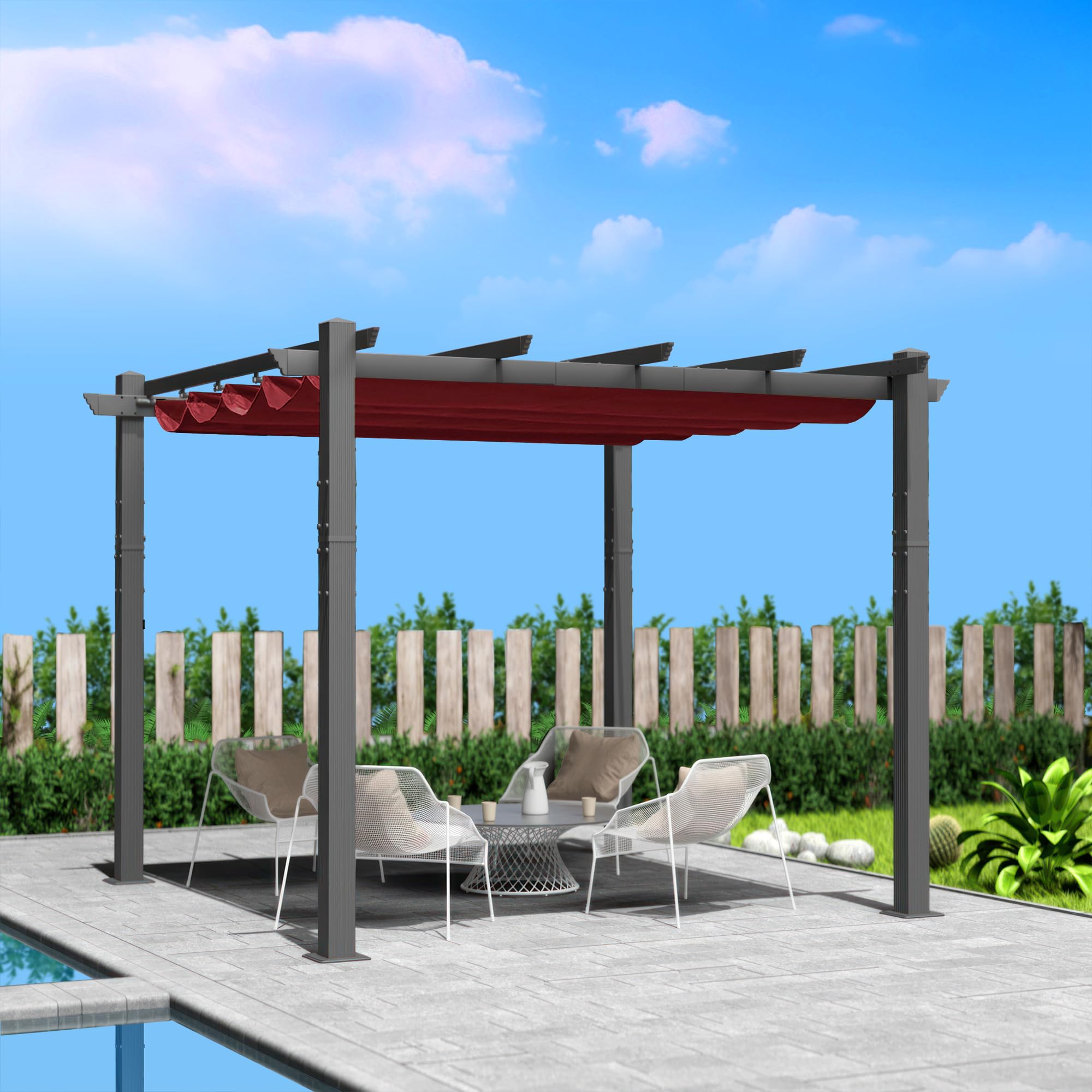 Kozyard Morgan 10' x 10' Retractable Pergola with Sun Shade Canopy - Outdoor Aluminum Patio Cover for Backyard, Deck & Garden - Modern Metal Grill Gazebo Shelter (Burgundy) - Perfect for Outdoor Dining, Lounging & Entertaining