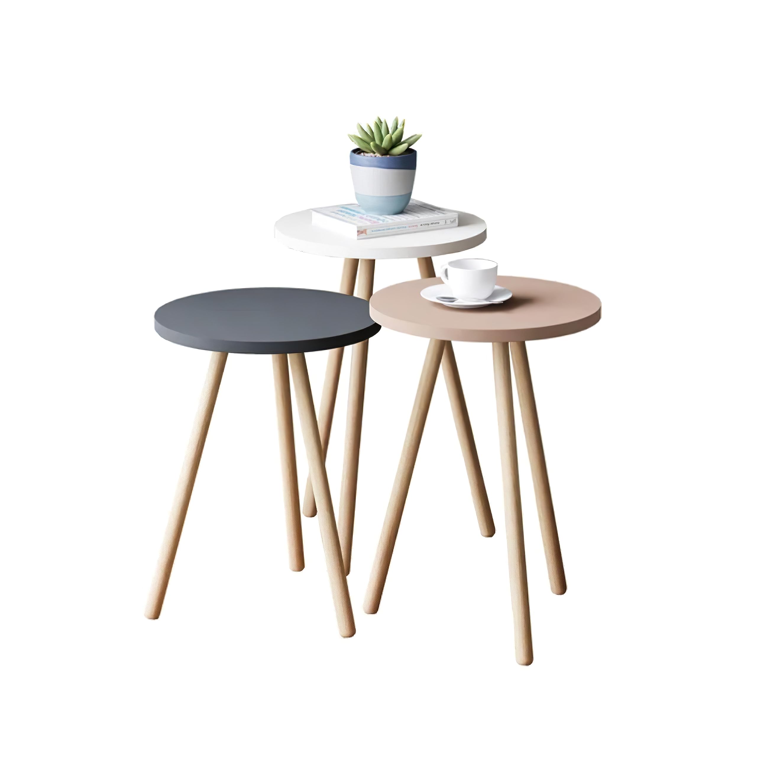 Round Nesting Coffee Table Set of 3 - Space Saving Stackable Mid Century Modern End Tables for Small Living Rooms, Bedrooms & Apartments | Perfect for Compact Spaces with Pastel Decor | Living Room Furniture, Home Decor