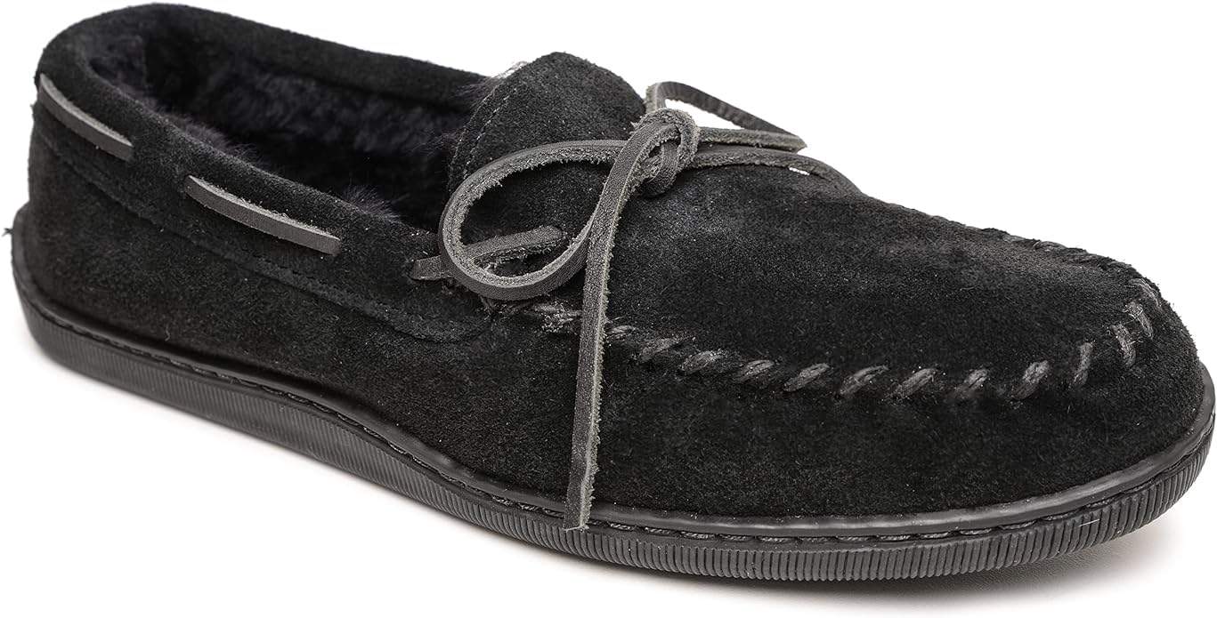 Minnetonka Men's Sheepskin Hardsole Moccasin Slippers - Soft Indoor/Outdoor House Shoes for Comfort & Warmth - Black, Size 12 M - Perfect for Home, Office & Casual Wear