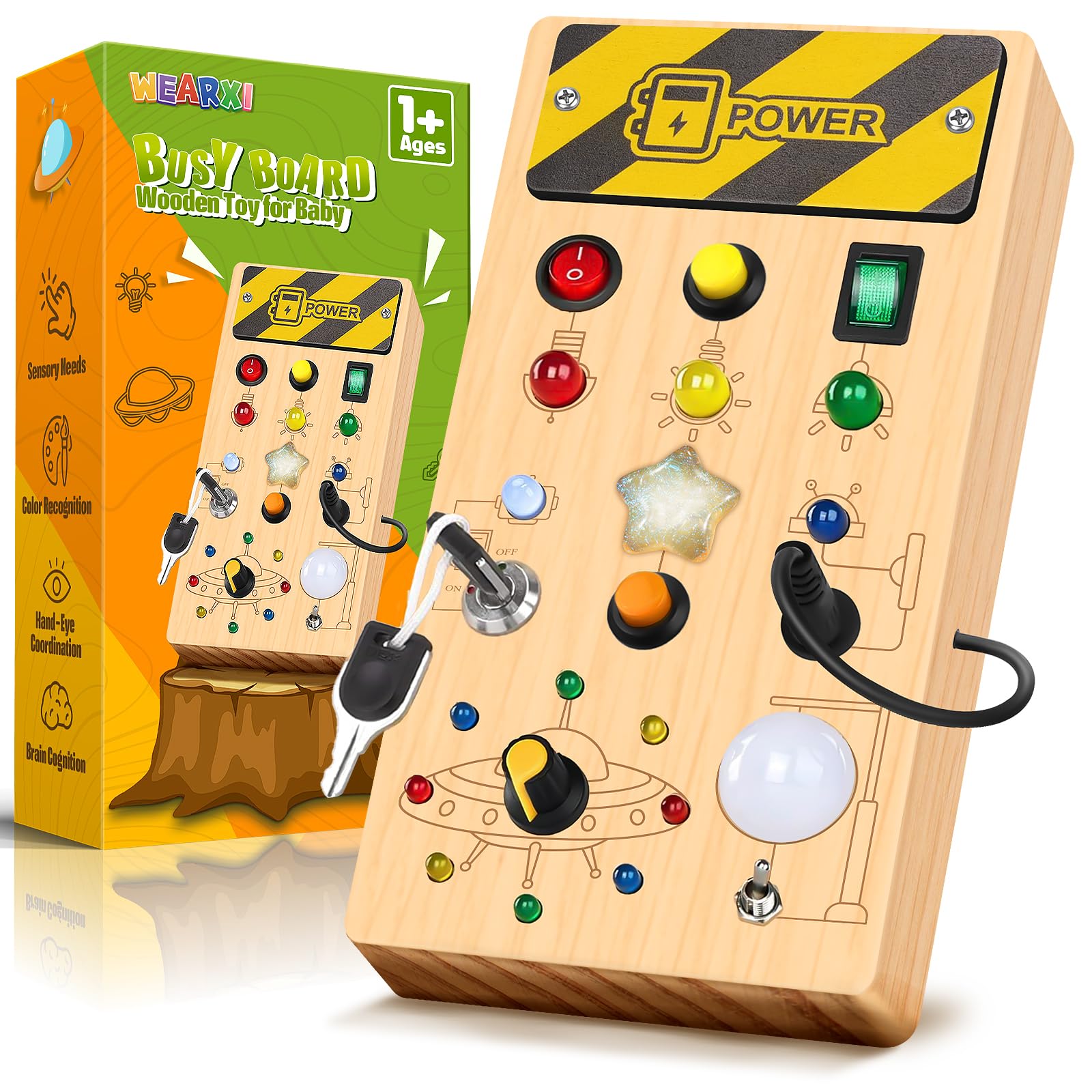 WEARXI LED Wooden Busy Board - Montessori Learning Toy for 1-3 Year Old Boys & Girls | Sensory Activity Board for Toddlers | Easter Gift for Kids | Perfect for Travel, Home Play & Early Childhood Development