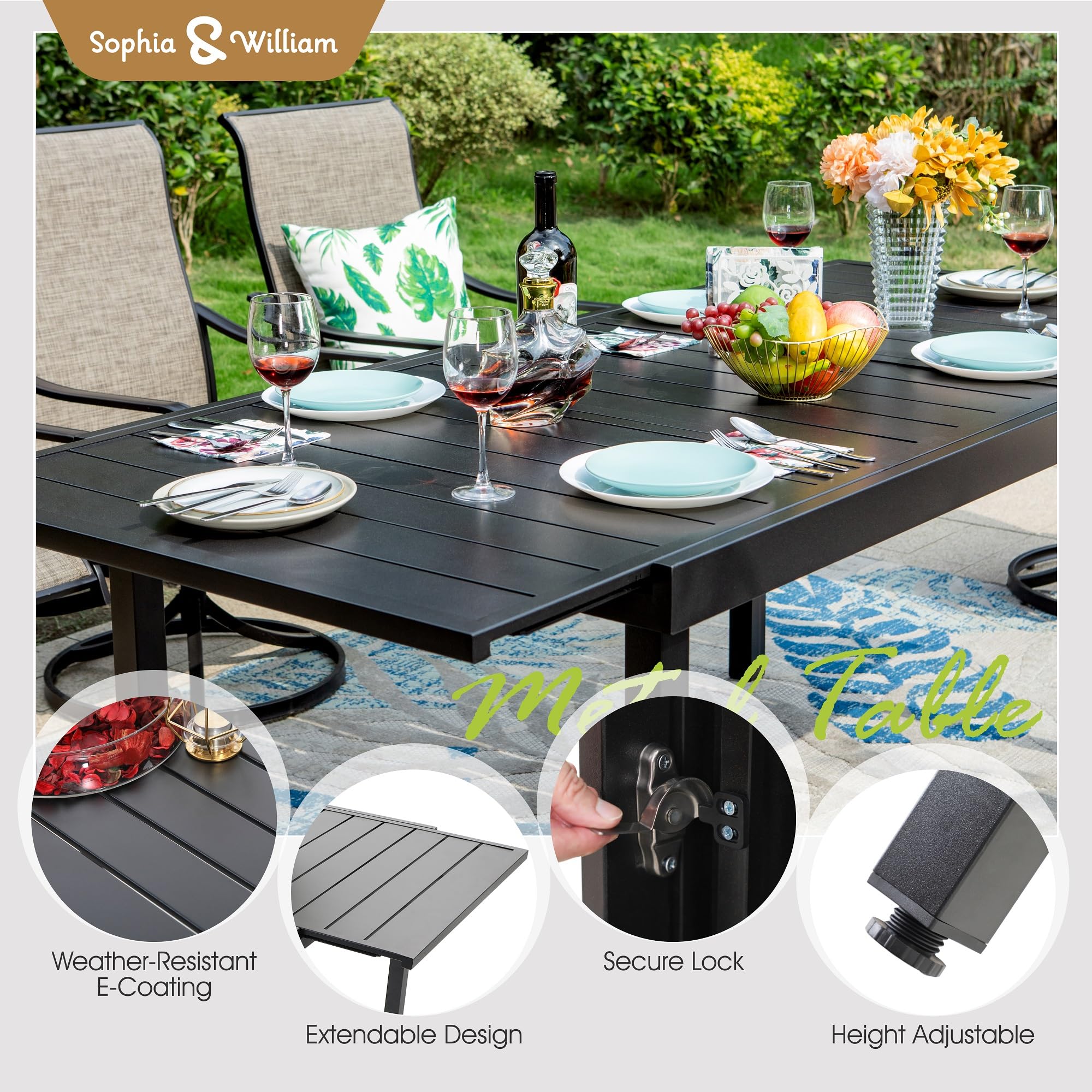 Sophia & William 9-Piece Outdoor Patio Dining Set - 8 Swivel Chairs with Cushions & 1 Expandable Table (Seats 6-8) - Durable Metal Garden Furniture for Backyard, Lawn, Poolside & Outdoor Entertaining