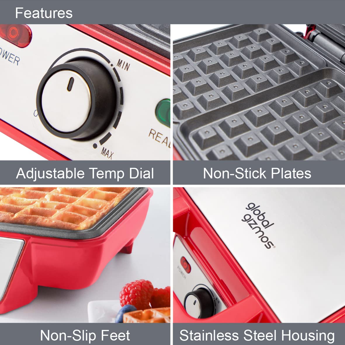 Global Gizmos 37579 Two Slice Waffle Maker - Non-Stick Waffle Machine with Adjustable Temperature, Easy Clean Stainless Steel, Non-Slip Base & Cool Touch Handle (Red) - Perfect for Breakfast, Brunch, and Family Gatherings