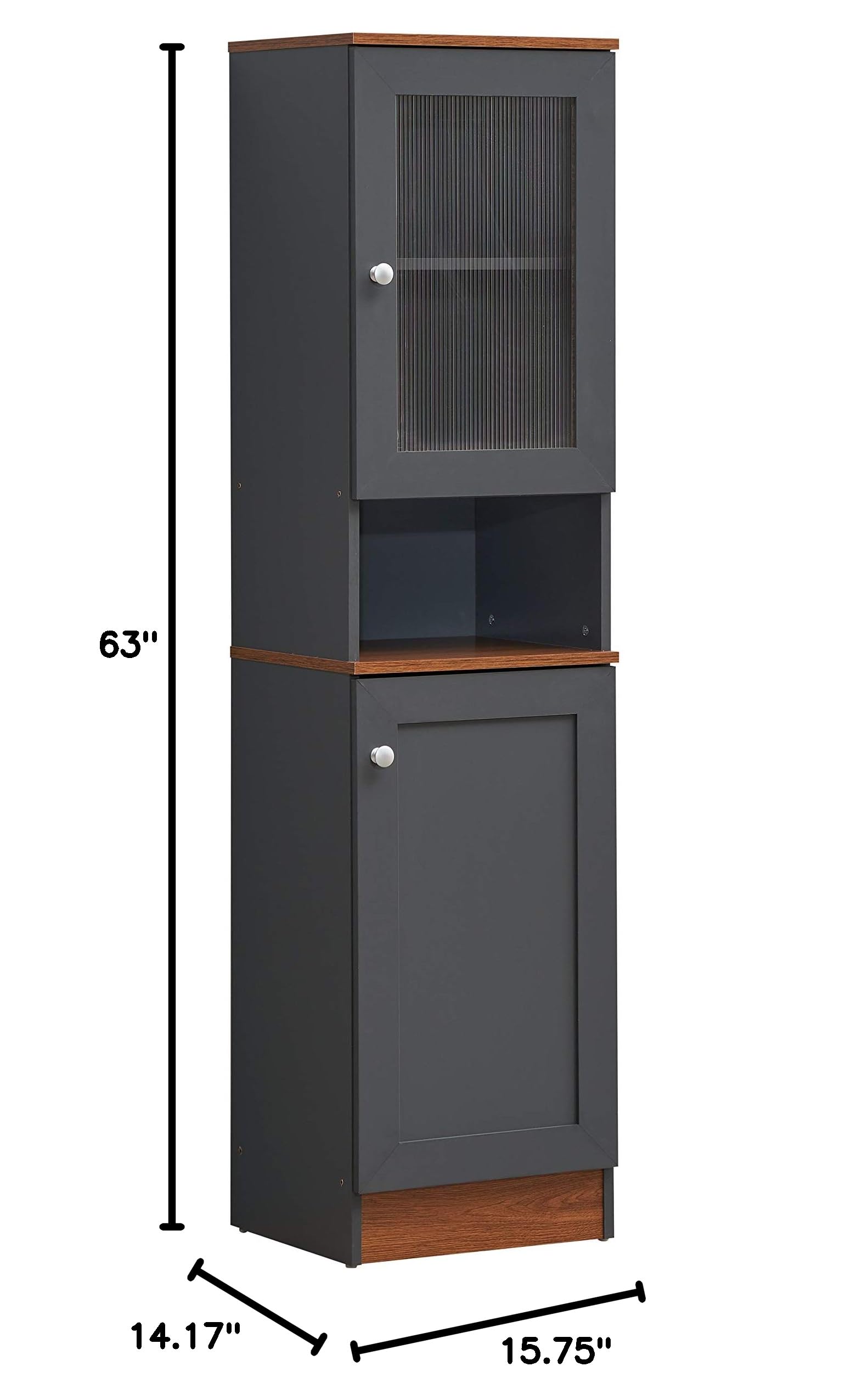 Hodedah 63 Inch Tall Open Shelf Kitchen Pantry with Enclosed Storage - Grey Oak Finish for Small Spaces, Apartment & Home Organization