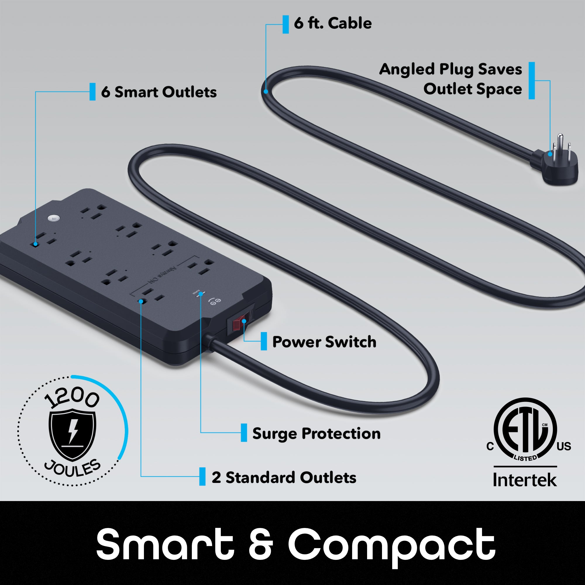 Geeni Surge Ultra 8-Outlet Power Strip with USB Ports - Heavy Duty Surge Protector for Home, Office & Electronics | 2160J Protection, 4 USB Charging Ports, 6ft Cord