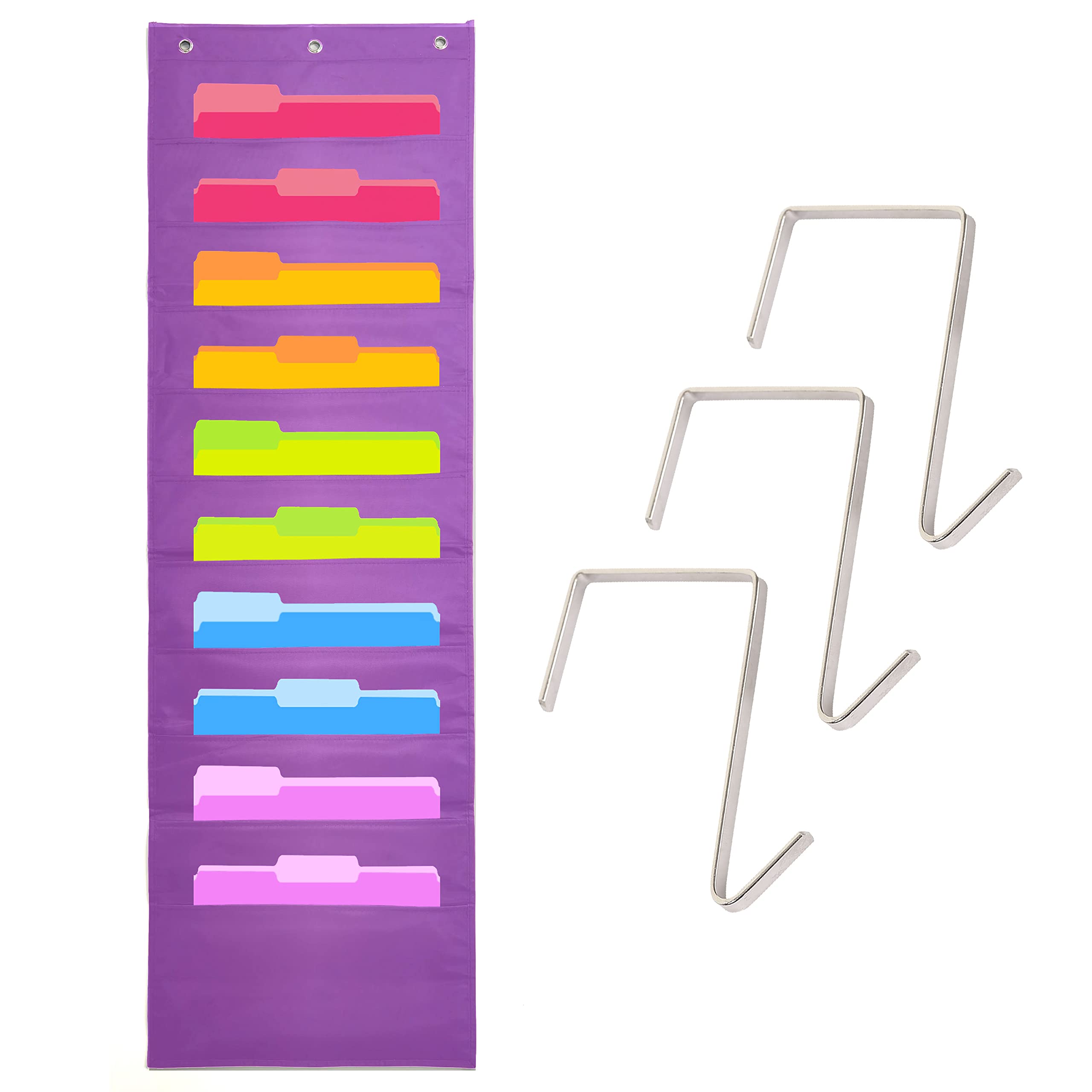 Heavy Duty Storage Pocket Chart for Classroom & Home Office - 10 Pockets with 3 Over-Door Hangers - Hanging Wall Organizer for Files, Folders, School Mail, Office Papers - Purple - Perfect for Teachers, Students & Home Organization