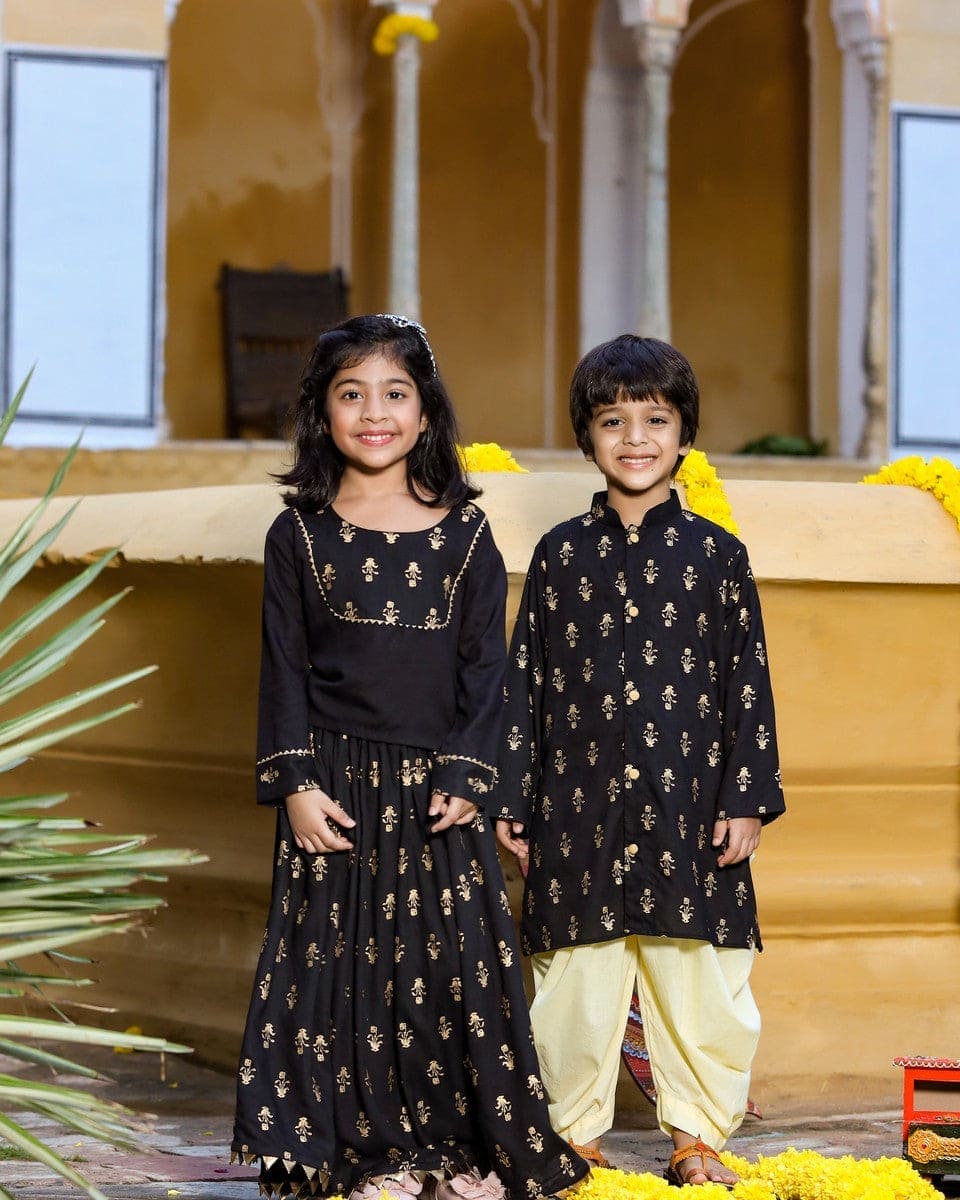 Pre Order: Black Gold Print Top with Gold Print Skirt - Elegant Matching Set for Parties, Weddings & Special Occasions