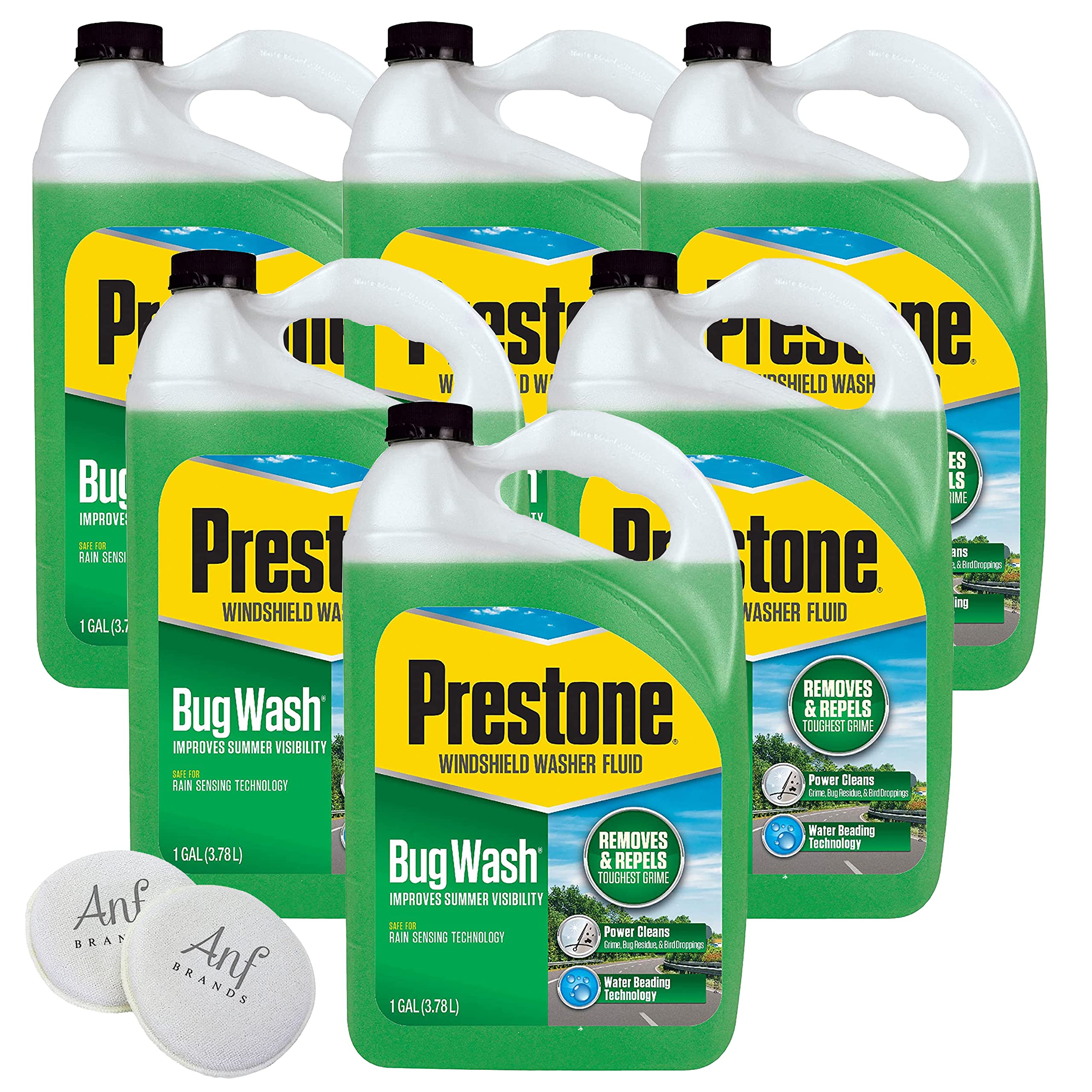 (6 Pack) Prestone Bug Wash Windshield Washer Fluid - 1 Gallon Bottles for Car Windshield Cleaning | Removes Tough Bugs, Road Grime & Dirt | Ideal for Road Trips, Summer Driving & Off-Road Adventures