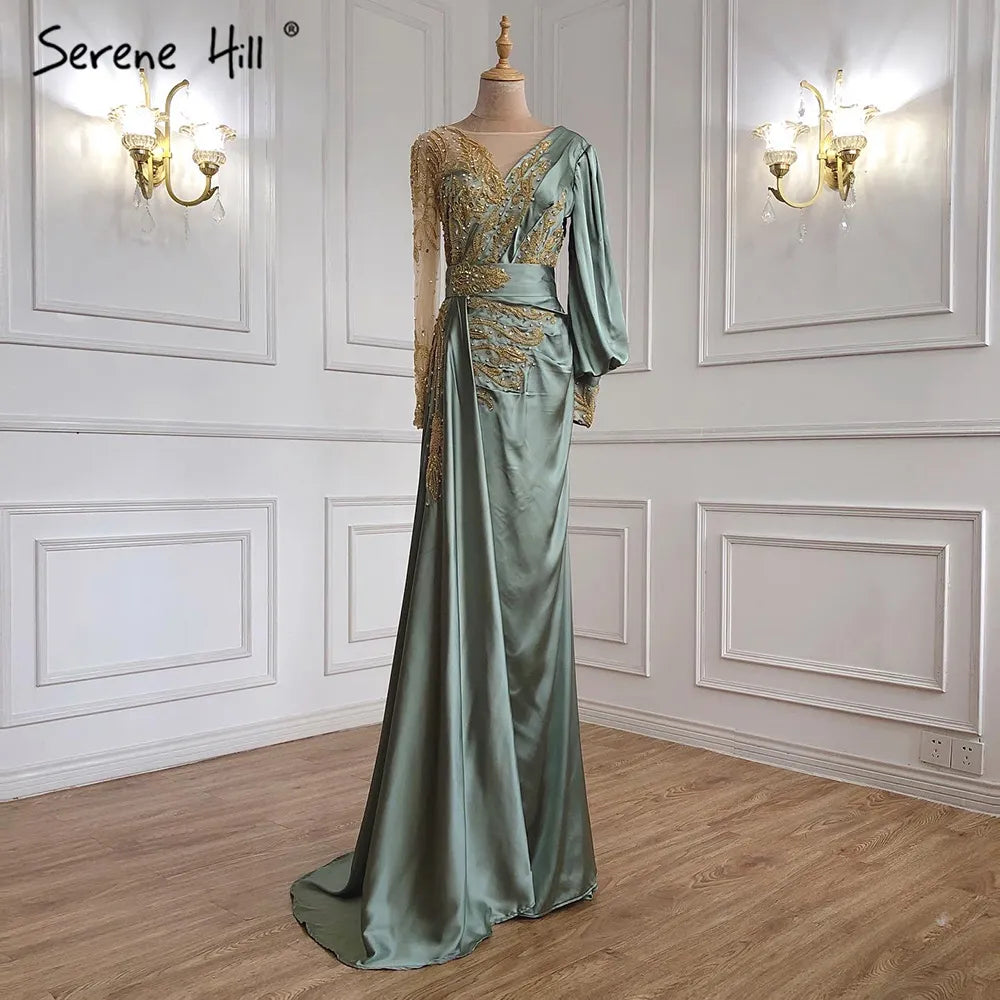 Elegant Beaded Satin Overskirt Evening Dress Gown for Women - Plus Size Muslim Mint Mermaid Style Party Wear (LA71278) | Perfect for Weddings, Prom, and Formal Events