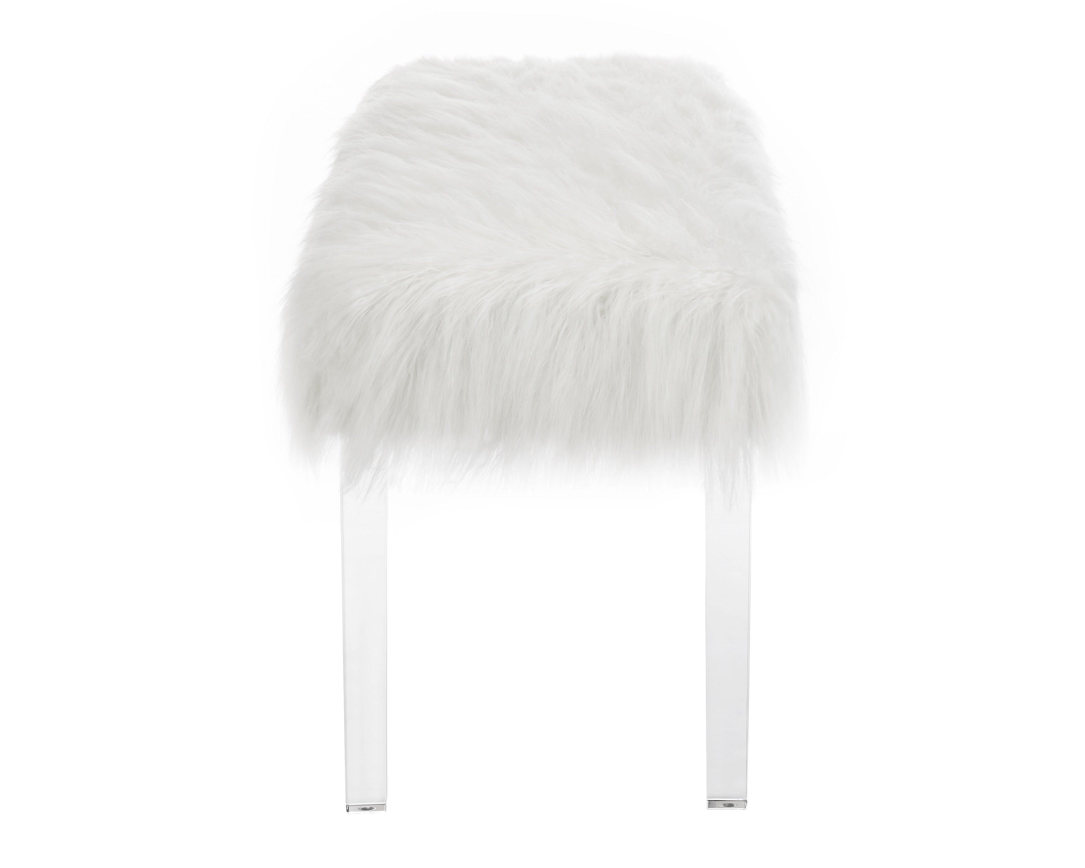 Roundhill Furniture White Faux Fur Bench with Clear Acrylic Legs - Stylish Seating for Bedroom, Living Room & Entryway