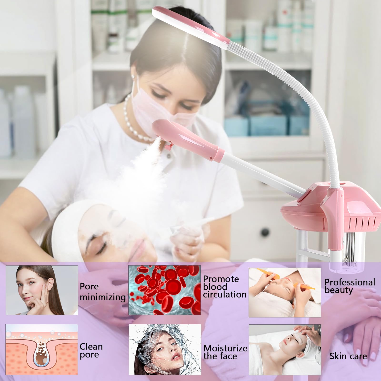 Professional 2-in-1 Ozone Facial Steamer with 5X Magnifying Lamp & Wheels - Adjustable Time Setting for Estheticians & Home Spa - Pink Beauty Salon Equipment for Deep Cleansing & Skin Hydration (Perfect for Facial Treatments, Acne Care & Relaxation Therapy)