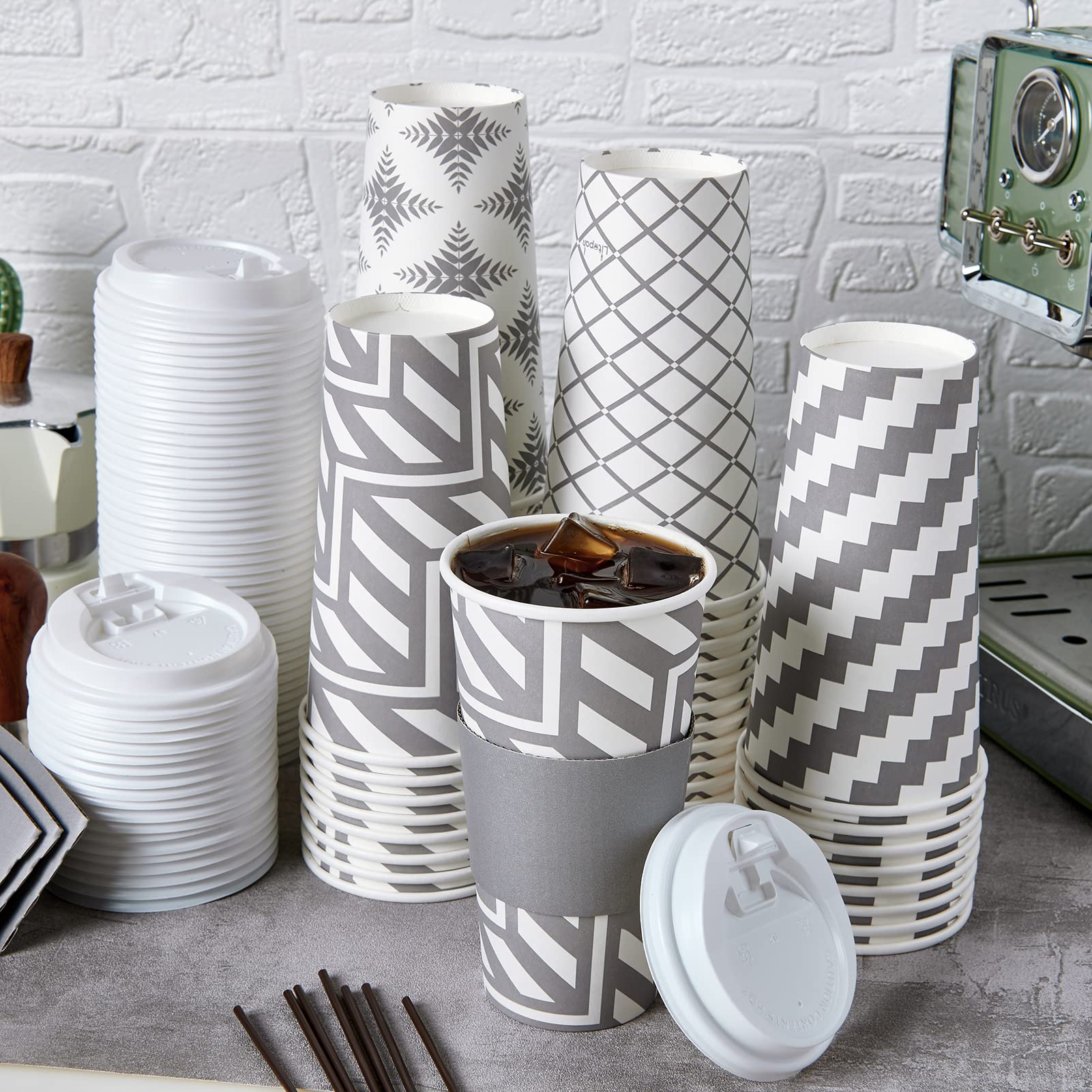 LITOPAK 100-Pack 20 oz Disposable Paper Coffee Cups with Lids, Sleeves & Straws - 4 Stylish Designs for Hot/Cold Beverages - Perfect for Home, Office, Cafe, Restaurant, and Takeout Services