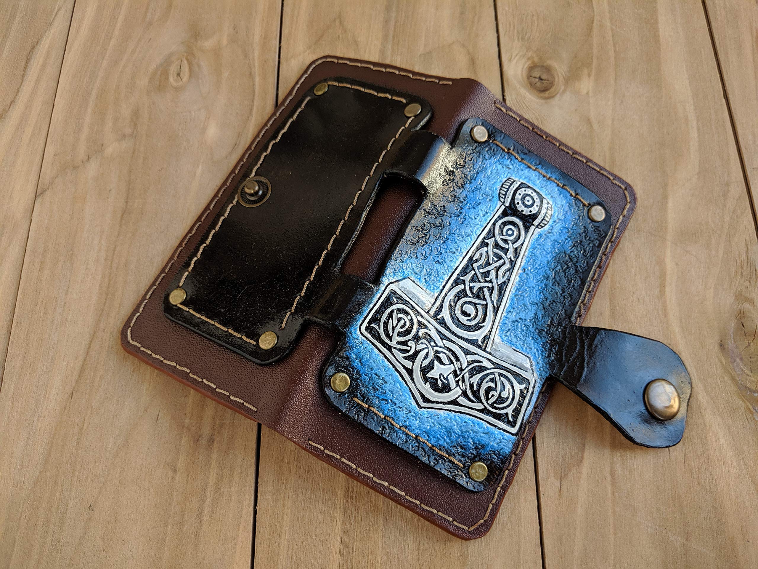 Genuine Leather Wallet Case for Apple iPhone XS/XS MAX/XR/8/8 Plus/7 Plus/6S/6 Plus/SE - 3D Carved Thor Hammer Design with Card Slots & Viewing Stand | Viking & Celtic Style | Perfect for Daily Use, Travel and Gift Giving