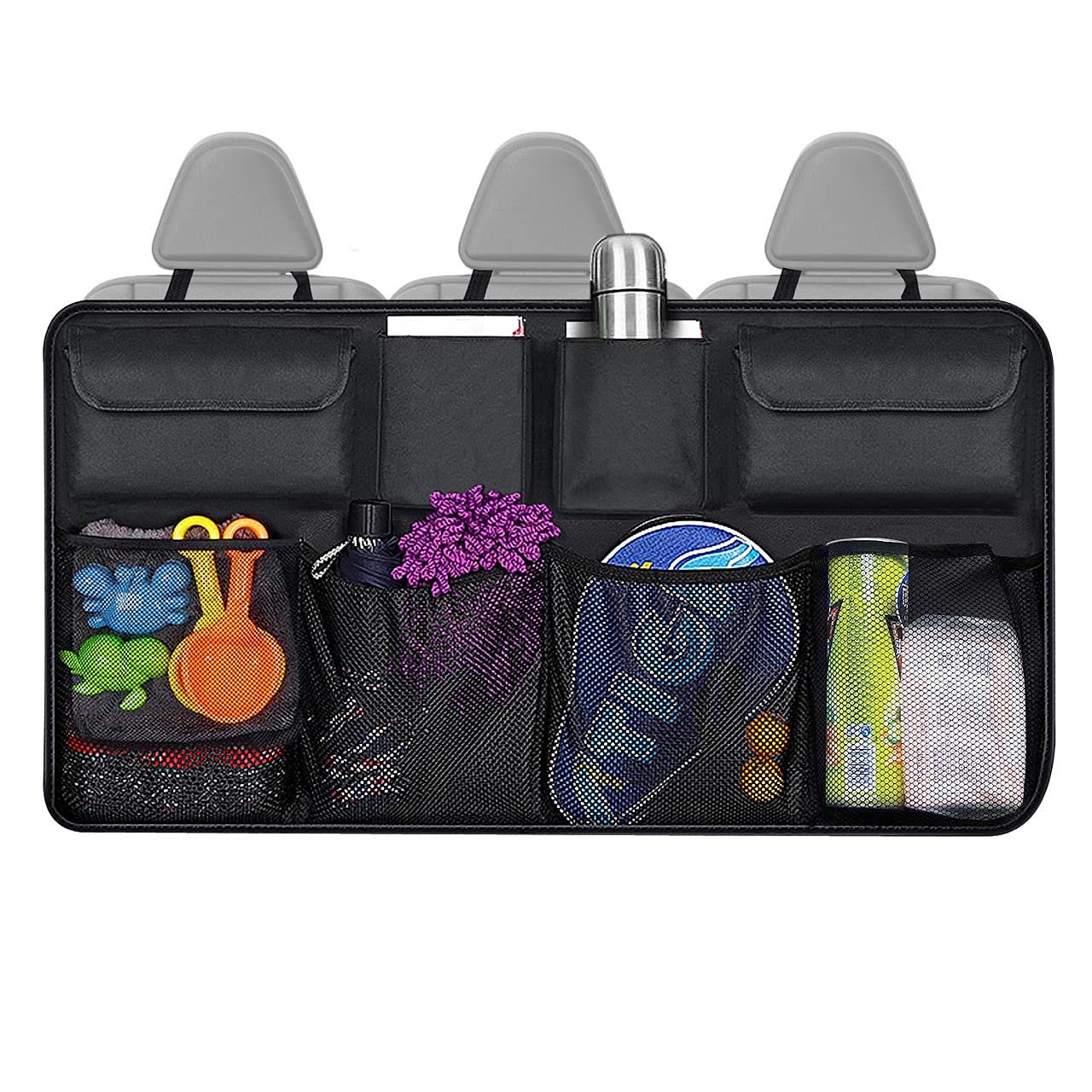 Car Backseat Trunk Organizer with 8 Large Pockets - Foldable Hanging Storage Bag with Lids for Auto Cargo Organization | Space-Saving Expert for Road Trips, Groceries & Sports Equipment
