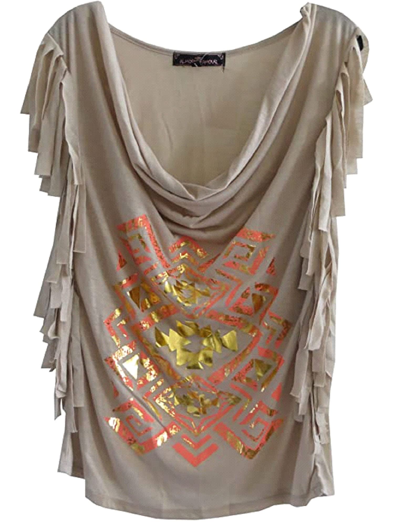 Almost Famous Juniors Aztec Screen Fringe Tank Top - Boho Chic Summer Blouse for Teens, Size Large (11/13), Sand Color - Perfect for Music Festivals, Beach Vacations & Casual Outings
