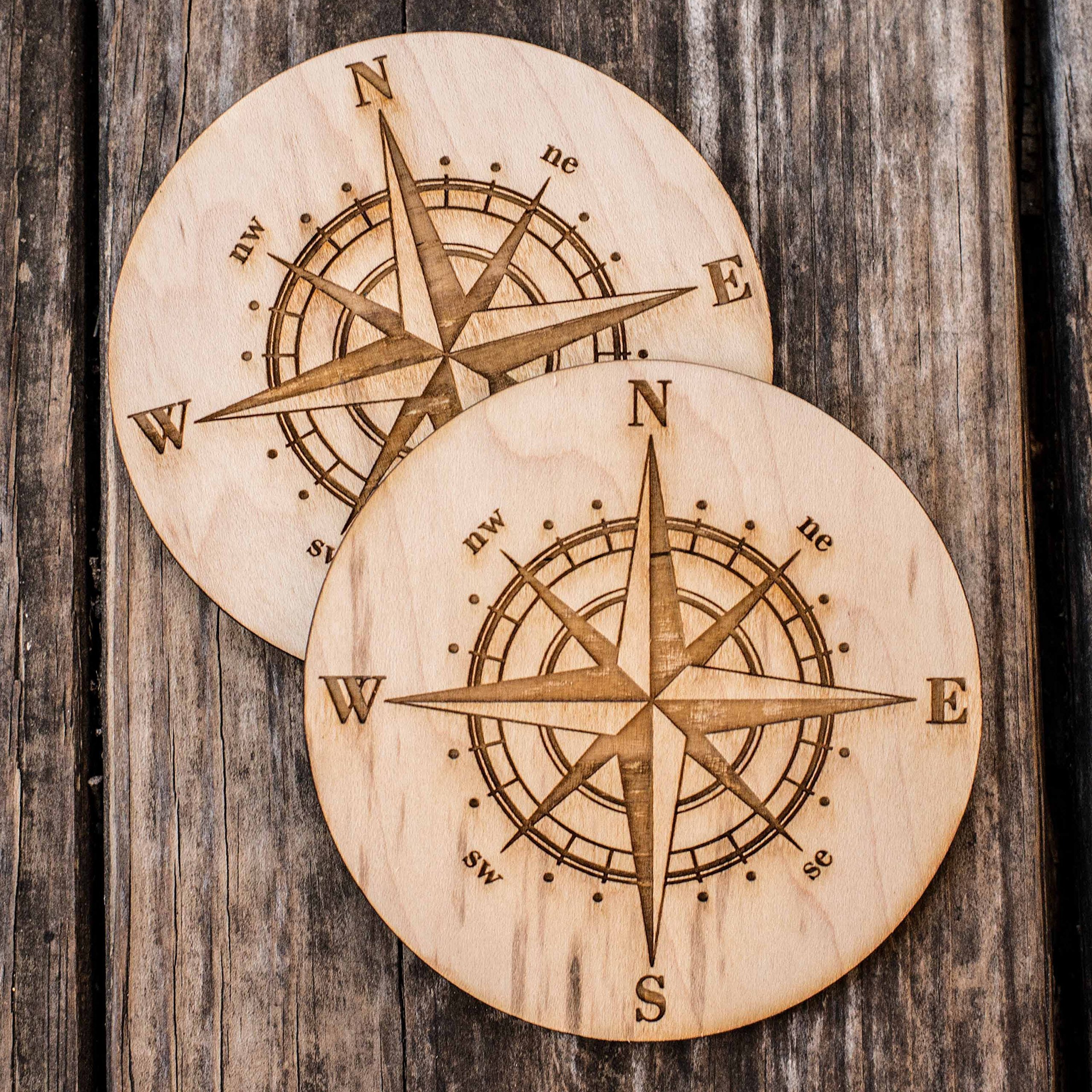 Compass Rose Coaster Set of 2 - Natural Raw Wood Drink Coasters for Home & Office Bar Decor - Perfect for Coffee, Wine, and Beverage Protection