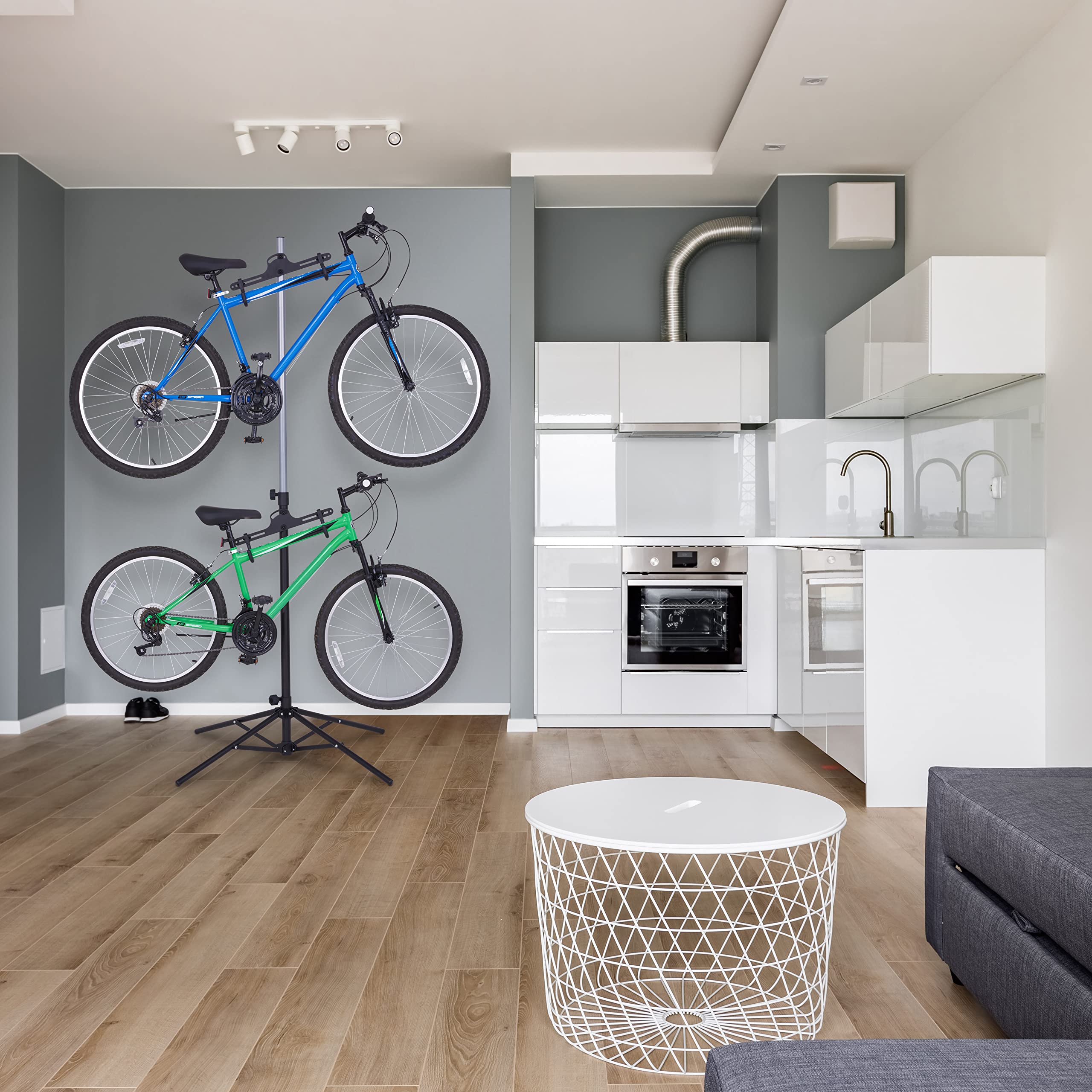 RaxGo Foldable Freestanding Bike Storage Rack for 2 Bikes - Adjustable Hook Floor Stand for Mountain & Road Bicycles - Space Saving Garage & Indoor Bike Organizer - Perfect for Home, Apartment & Small Spaces