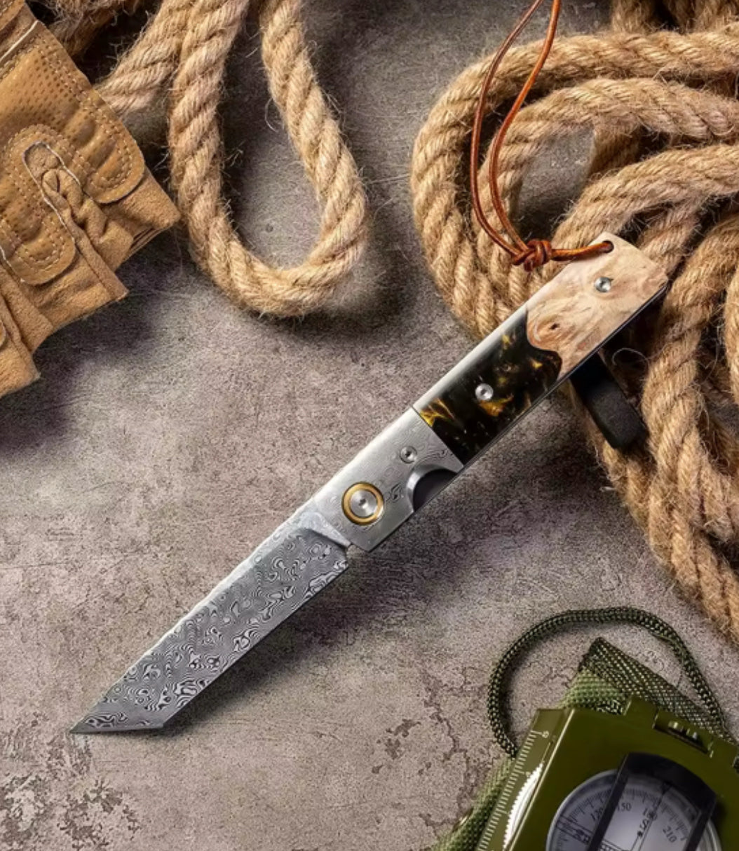 Premium Galaxy Japanese Damascus Steel Folding Pocket Knife - Olive Burl Wood & Resin Handle - EDC, Camping, Outdoor Survival Gear