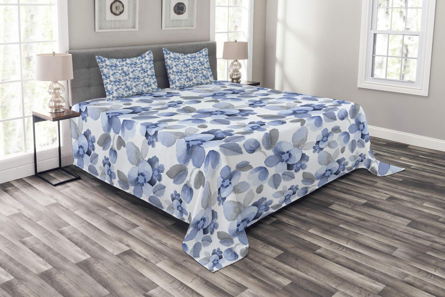 Ambesonne Shabby Floral Bedspread Set - Watercolor Camellia Petals & Feminine Print, 3-Piece Decorative Bedding with Coverlet & 2 Pillow Shams, King Size Blue | Perfect for Master Bedroom, Guest Room & Boho Chic Home Decor