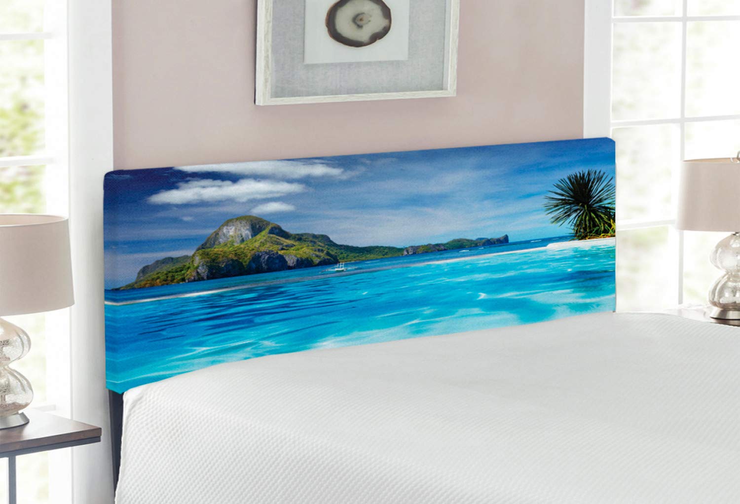 Ambesonne Tropical Landscape Headboard - Hawaiian Themed Upholstered Metal Bed Headboard with Memory Foam, Full Size in Turquoise Green - Perfect for Beach House Bedrooms & Vacation Home Decor