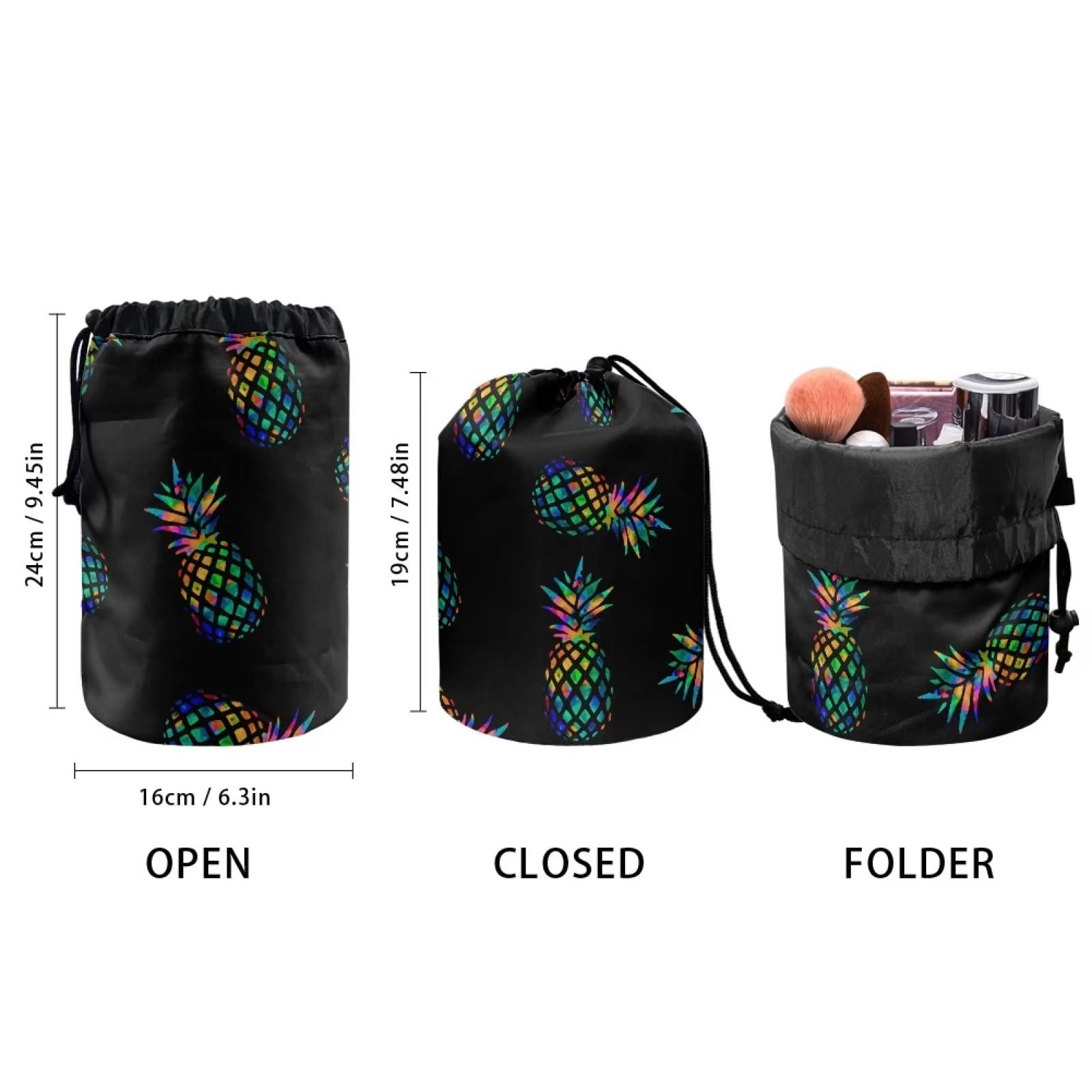 SEANATIVE Pineapple Print Black Drawstring Travel Cosmetic Bag - Waterproof Toiletry Organizer for Women | Lightweight Makeup Pouch for Travel, Gym, Beach & Daily Use