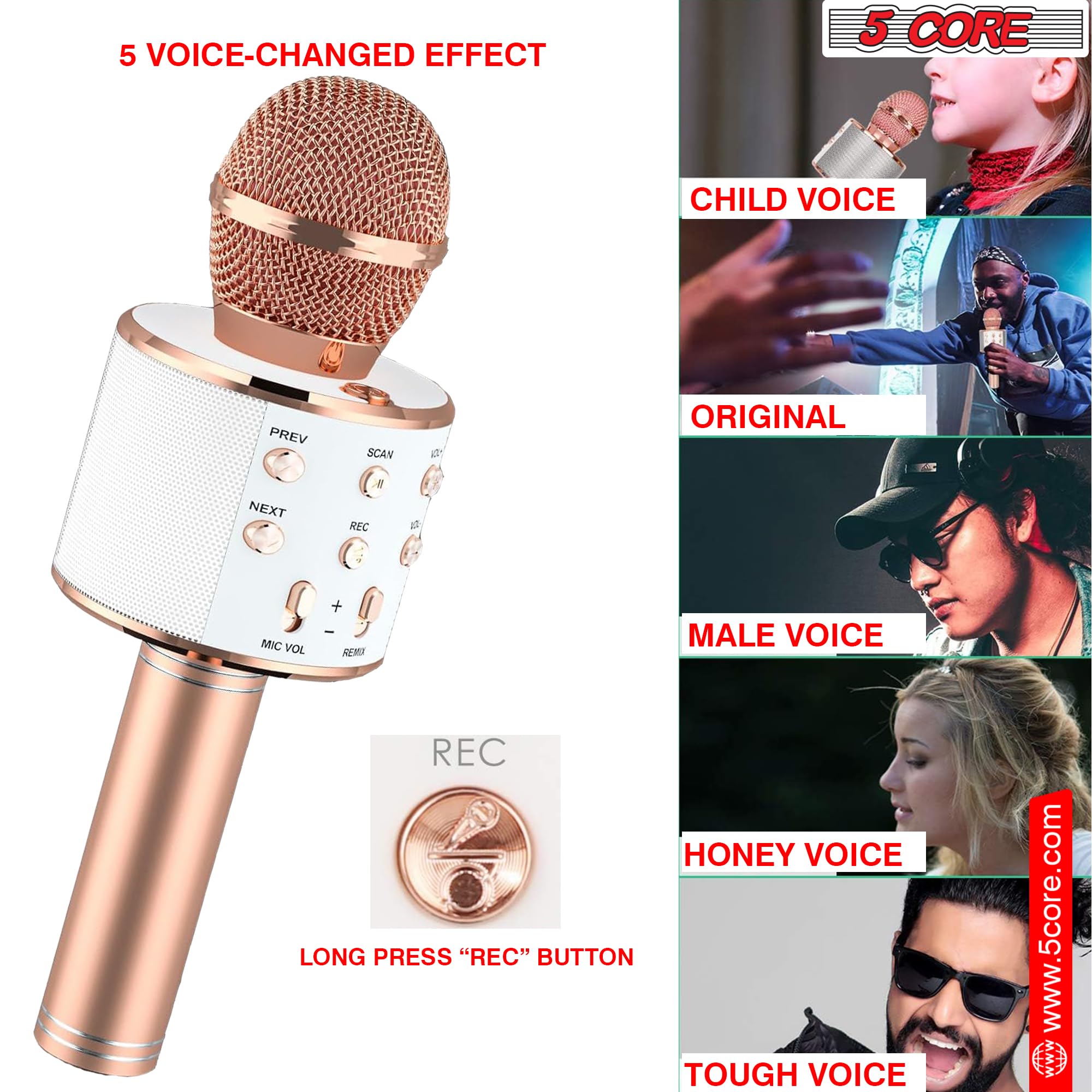 5 CORE Bluetooth Wireless Karaoke Microphone - Portable Handheld Mic with Built-in Speaker & Recording Function - Perfect for Home Karaoke, Parties, Singing Practice and Live Streaming (Copper)