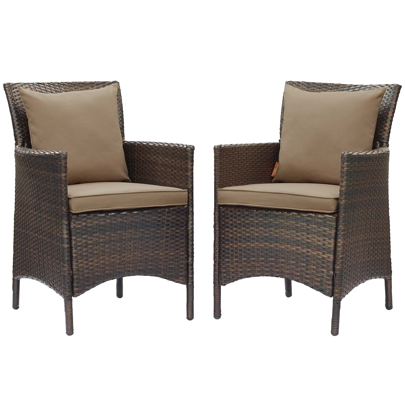 Modern Rattan Wicker Side Dining Armchair Set of 2, Brown, Outdoor Patio, Cafe, Bistro, Garden, Terrace, Poolside Seating