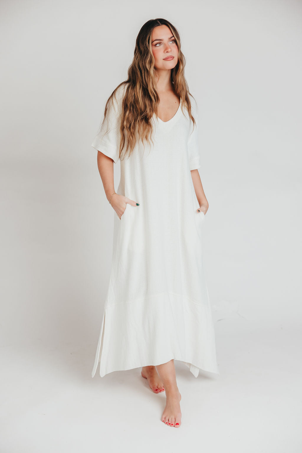 Fallon Linen Blend Collared Midi Dress in Ivory - Bump Friendly Maternity Dress for Women | Perfect for Summer Weddings, Baby Showers & Casual Outings