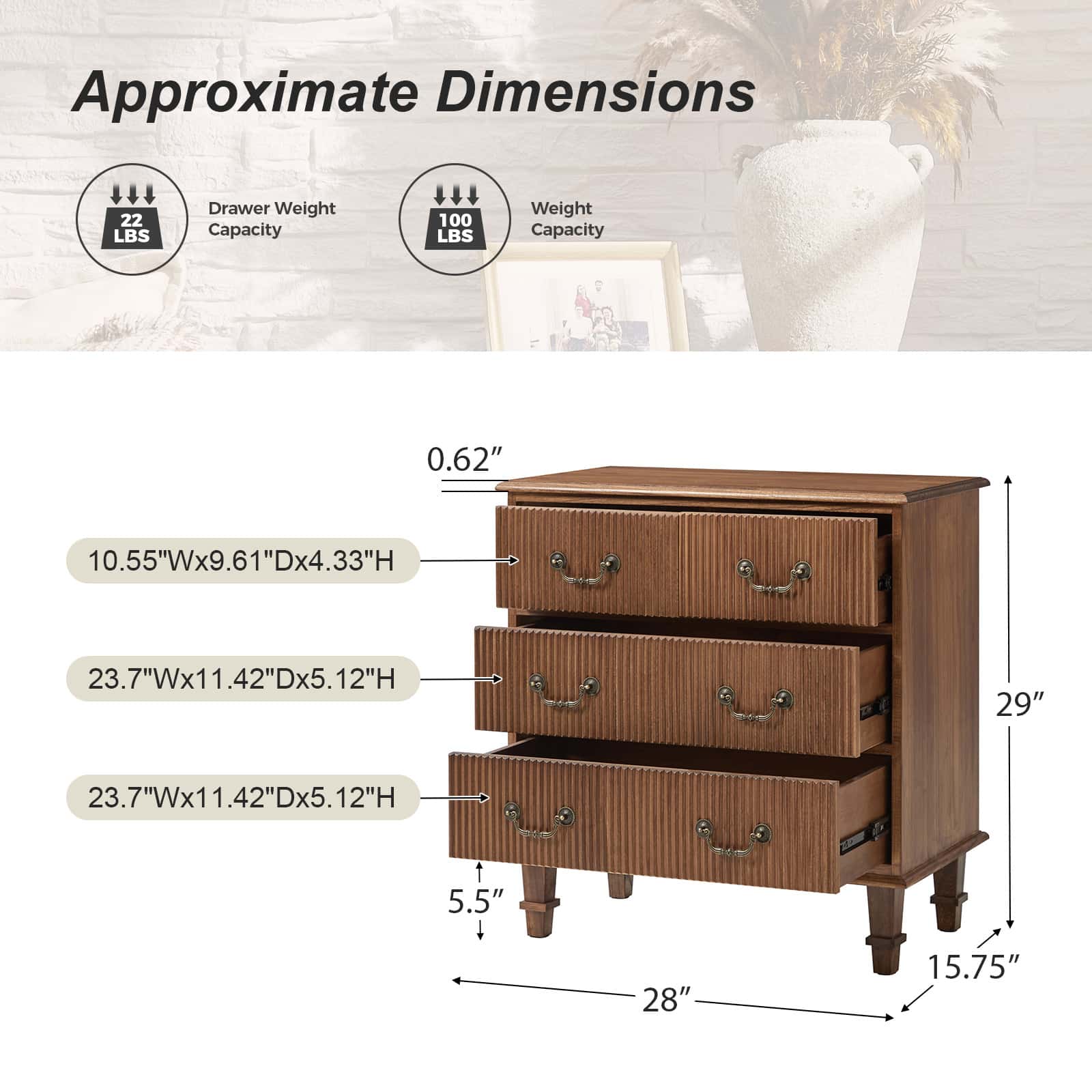 Rustic 3-Drawer Nightstand with USB Charging Station - Solid Wood Bedside Table for Bedroom, Living Room & Guest Room | Galatea Optional Types