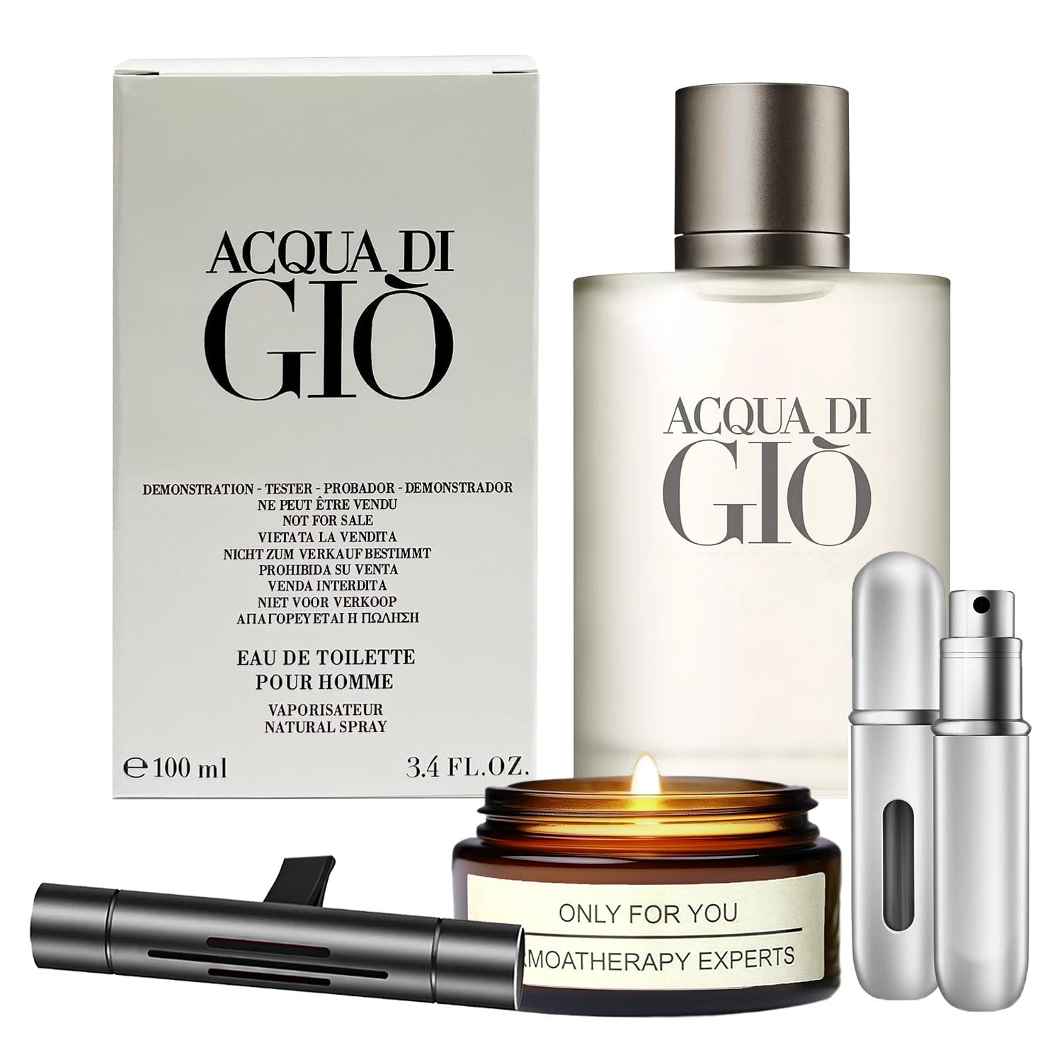 Giorgio Armani Acqua di Giò Eau de Toilette Spray for Men - 3.4 oz / 100 mL Luxury Cologne Gift Set with Lavender Soy Candle, Car Freshener & Travel Atomizer - Perfect for Gifts, Date Nights & Business Travel