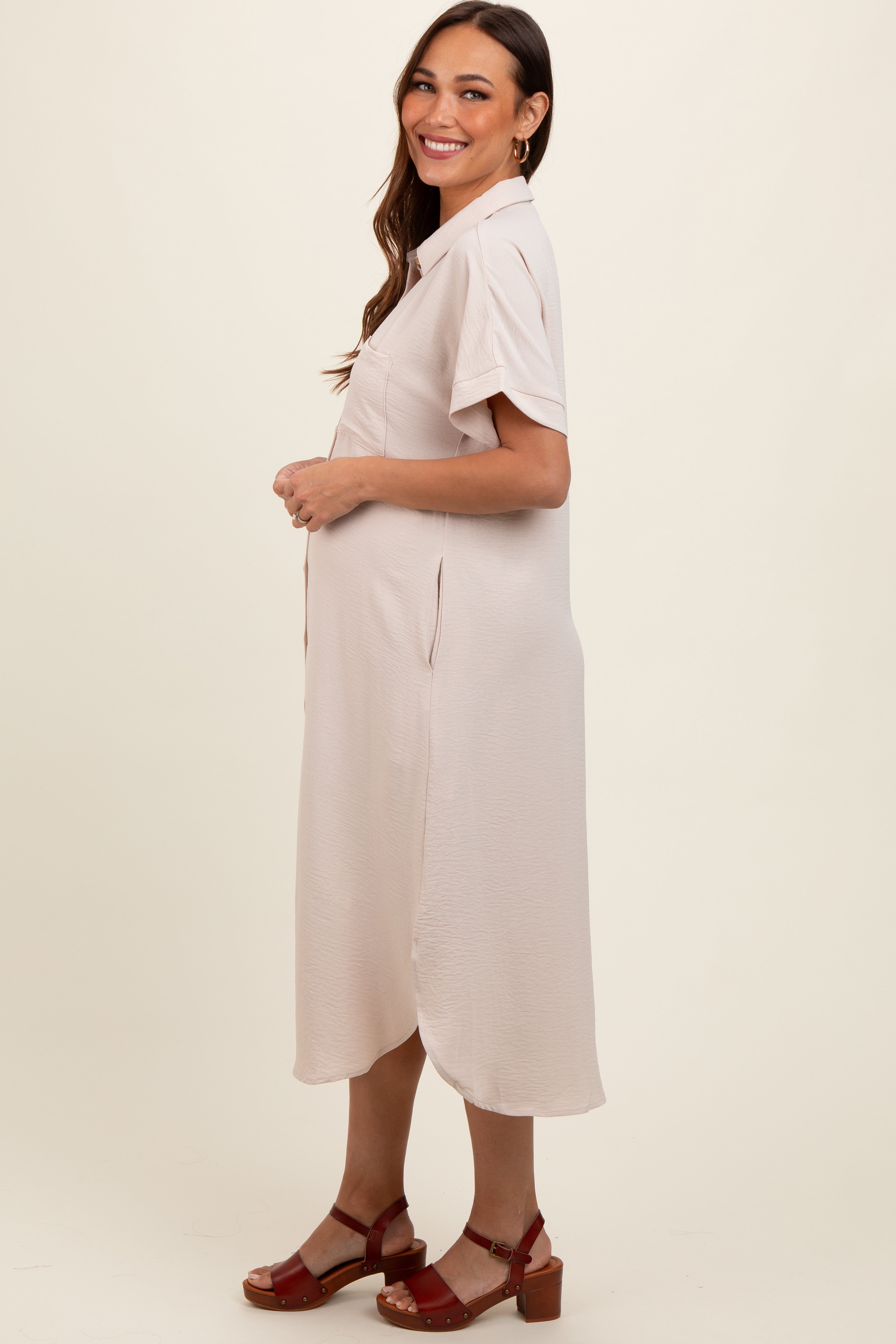 Beige Button Down Maternity Dress with Front Pockets - Flowy Midi Length for Pregnancy Comfort | Perfect for Baby Showers, Maternity Photos & Everyday Wear