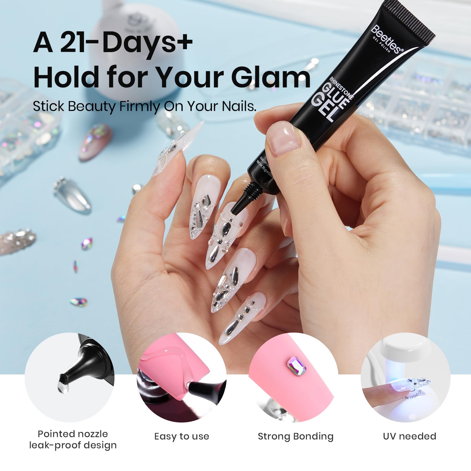 Beetles Gel Nail Glue & Rhinestones Kit - 15ml Nail Adhesive with 2000+ Crystal Glass AB Gems, Double-Ended Nail Brush - Perfect for Nail Art Designs, DIY Manicures & Gift Sets for Women