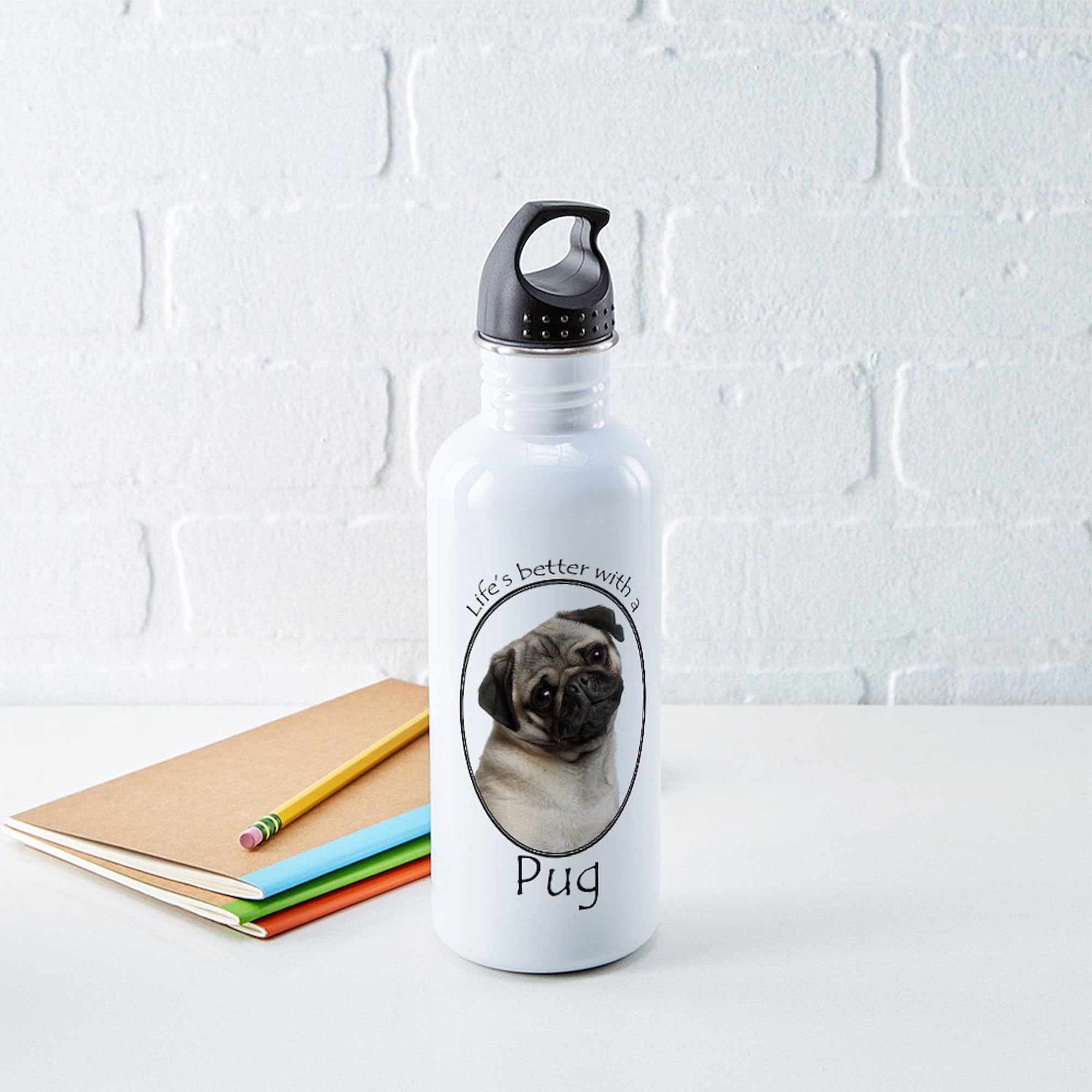 Lifes Better Pug Stainless Steel Water Bottle 1.0L (34 oz) - Insulated Double Wall Vacuum Flask for Hot & Cold Drinks - Perfect for School, Gym, Hiking & Office Use