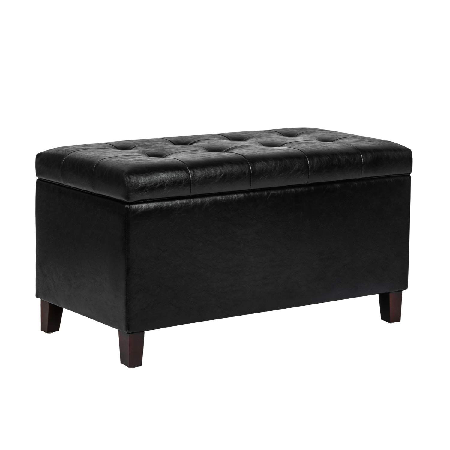 Adeco Faux Leather Storage Ottoman Bench with Wood Legs - Tufted Rectangular Footrest Stool for Living Room, Bedroom, Entryway | Multi-Functional Coffee Table & Seating Solution (Black) - Perfect for Small Space Organization & Extra Seating