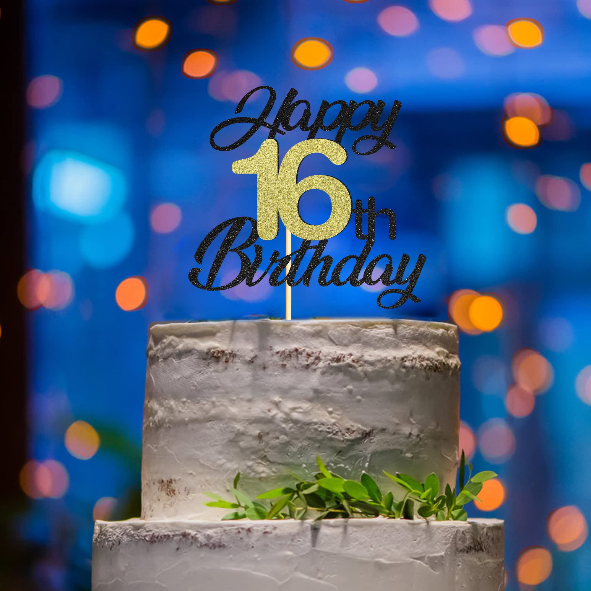 Happy 16th Birthday Cake Toppers - Black & Gold Glitter Cake Decorations for Sweet 16 Party | Elegant 16th Birthday Cake Topper for Teen Girls & Boys | Perfect for Birthday Cakes, Cupcakes & Dessert Tables